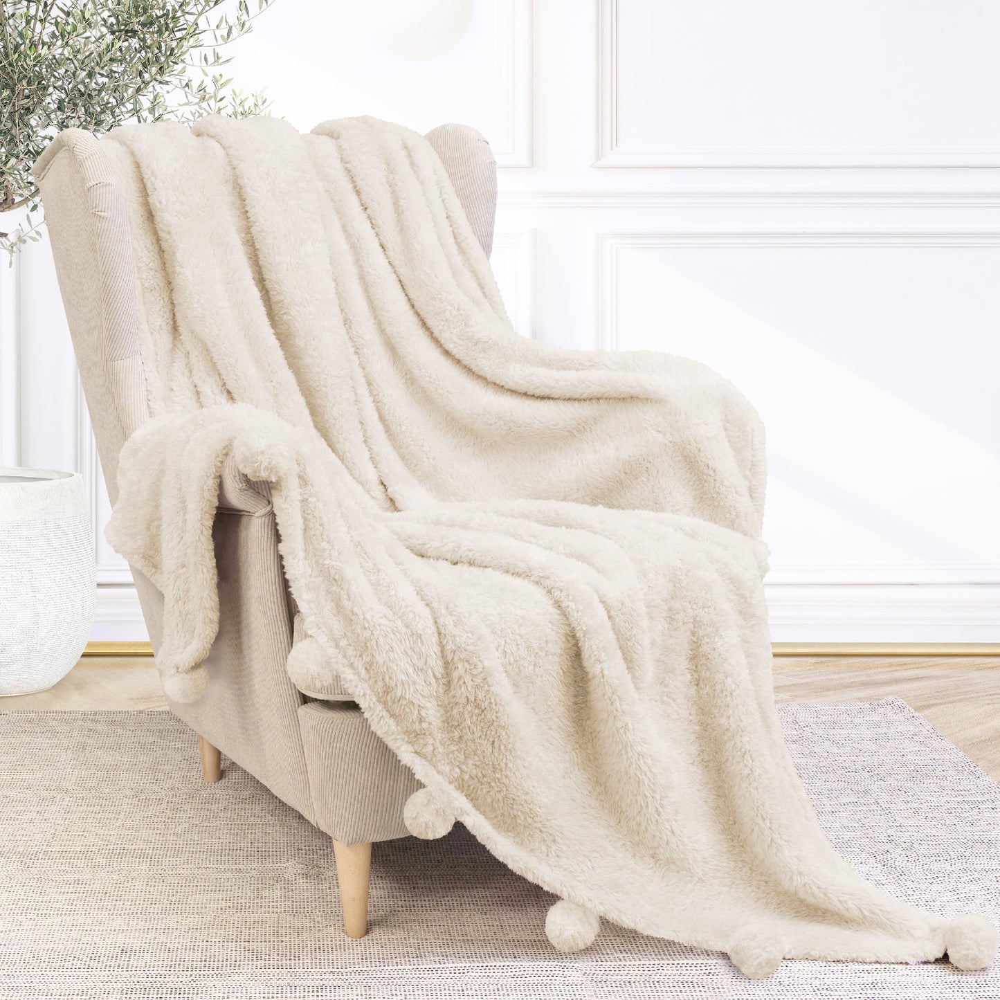 Cozy Fleece Ivory Cream Sherpa Throw Blanket with Soft Pom Pom Fringe, Plush Cozy Warm Blankets for Couch Bed Sofa, Fuzzy Fleece ... - Cozy Fleece Throw Blanket for Couch & Bed Detail