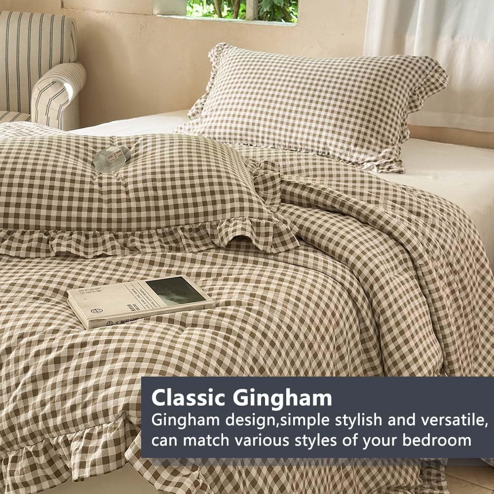Heavyweight Warmth Tan Gingham Ruffle Queen Comforter Set, Taupe Ruffled Plaid Bedding Set, Ruffled Checked Bed Comforter 3 Pieces(Tan G... - All-Season Down Alternative Comforter Insert Detail