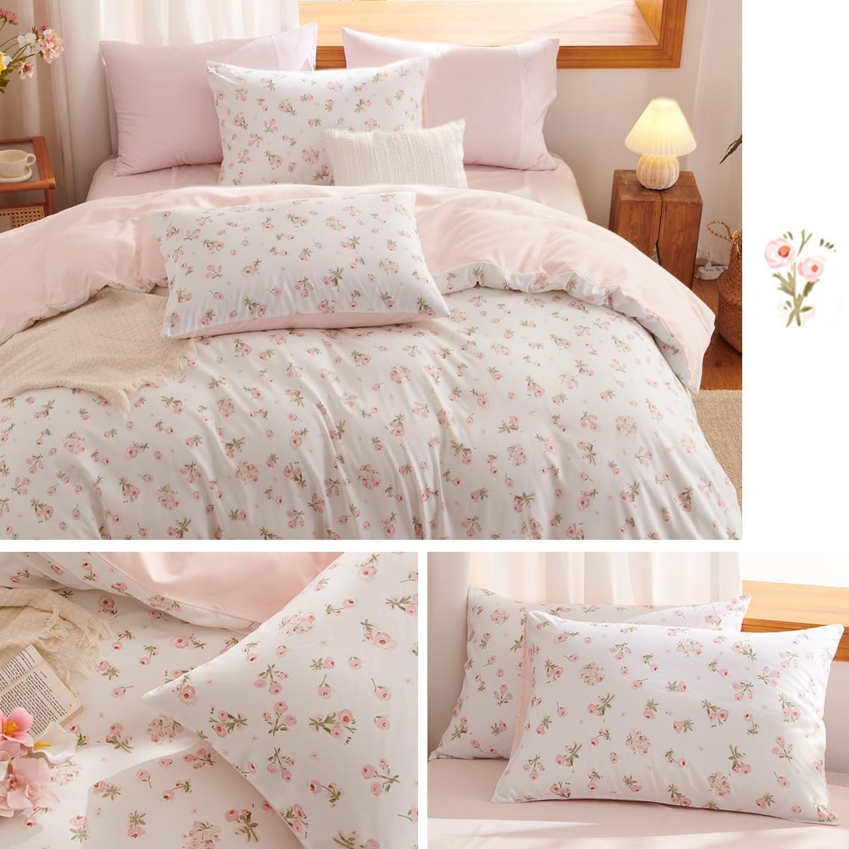 All-Season Pink loyalty Floral Comforter Queen Sets, 3 Pieces Chic Botanical Pink White Floral Reversible Comforter for All Season - Luxurious Quilted Duvet Cover Set Detail