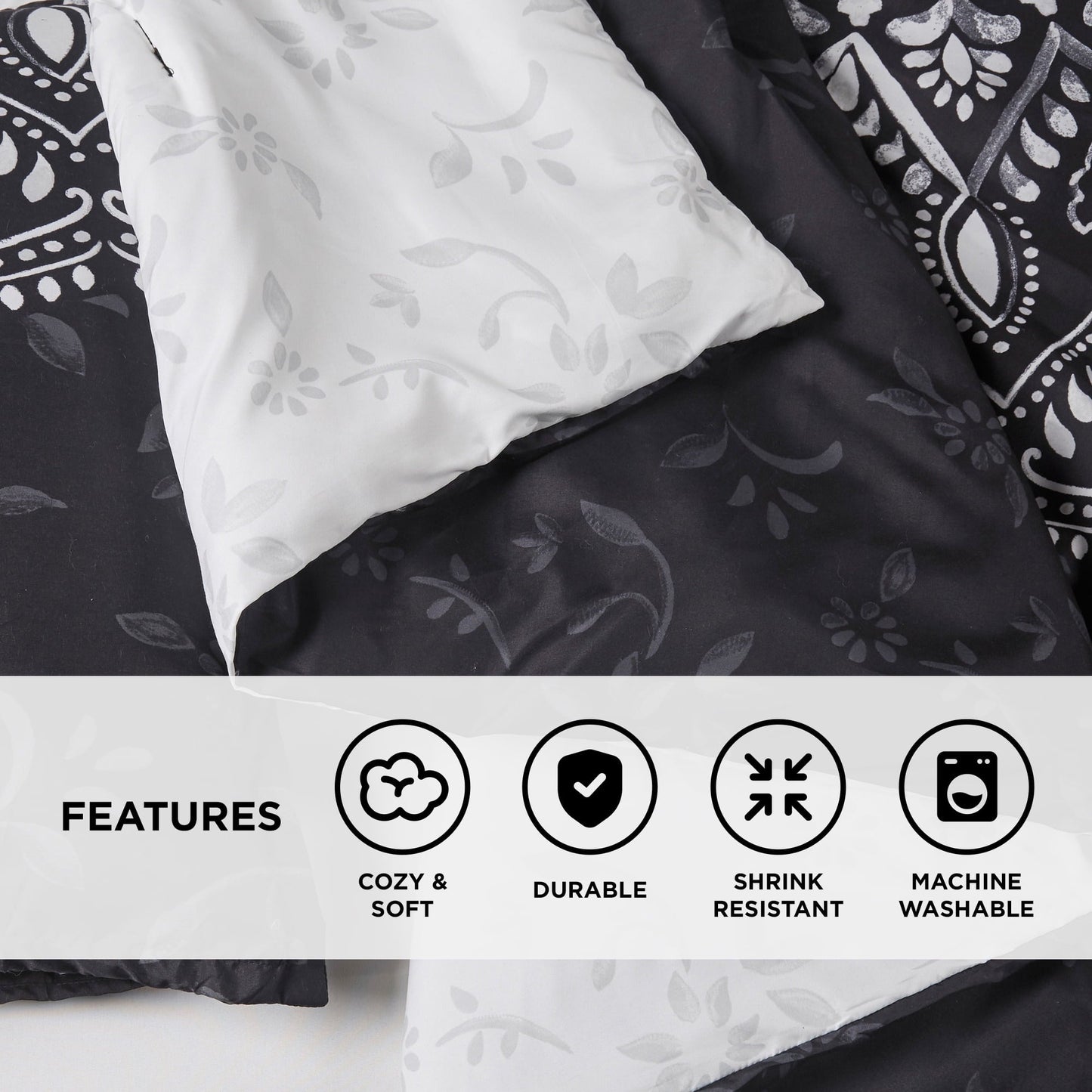 Luxurious Quilted Queen Comforter Set, Bedding Comforter Set Queen Size W/ Side Pockets, Black, 9 Pieces - Cloud-Like Soft Lightweight Bed Comforter Detail