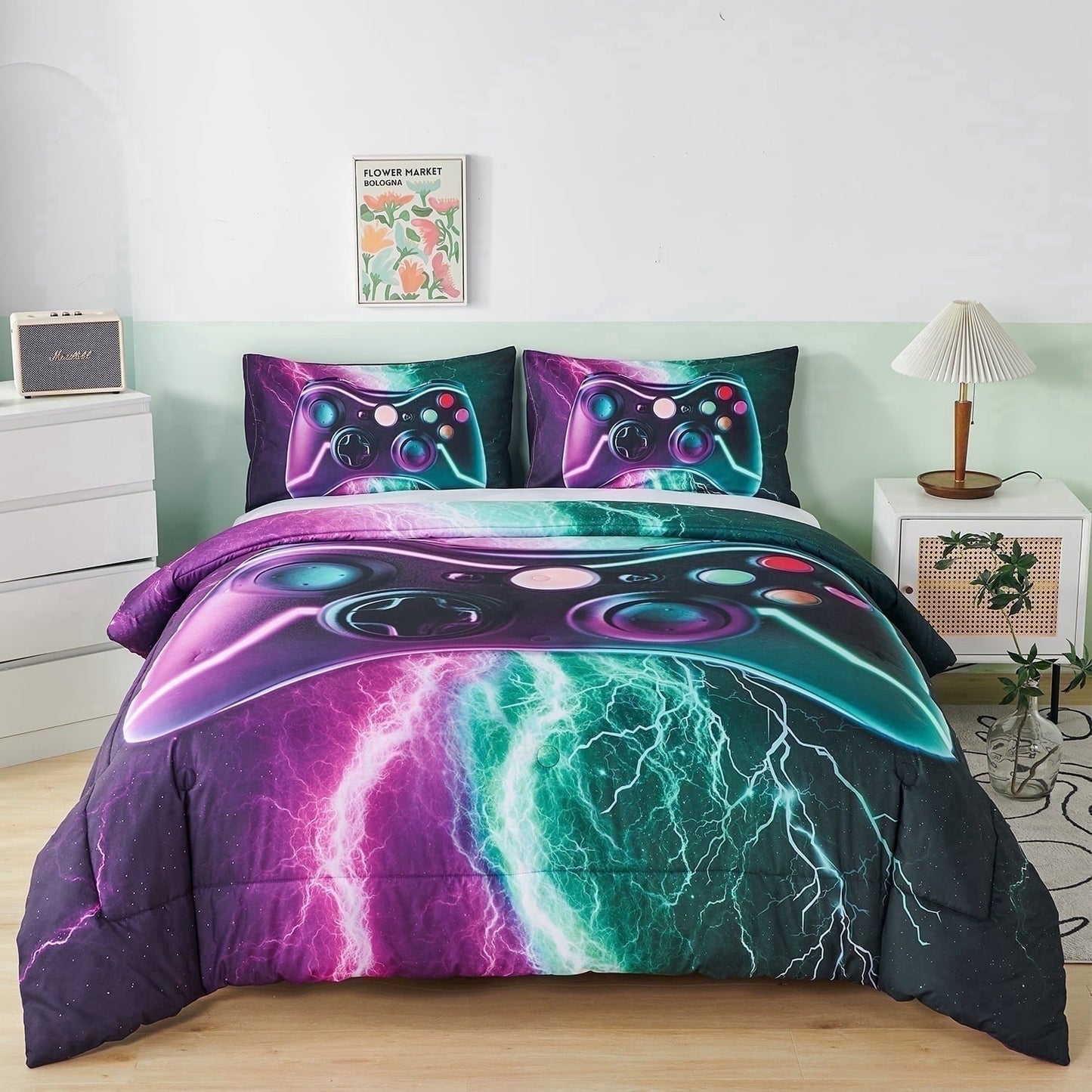 Hypoallergenic Cloud Queen Size Gaming Comforter Set for Boys,3-Piece 3D Green Purple Lightning Game Controller Bedding Set for Kids Teens - Cloud-Like Soft Lightweight Bed Comforter Detail