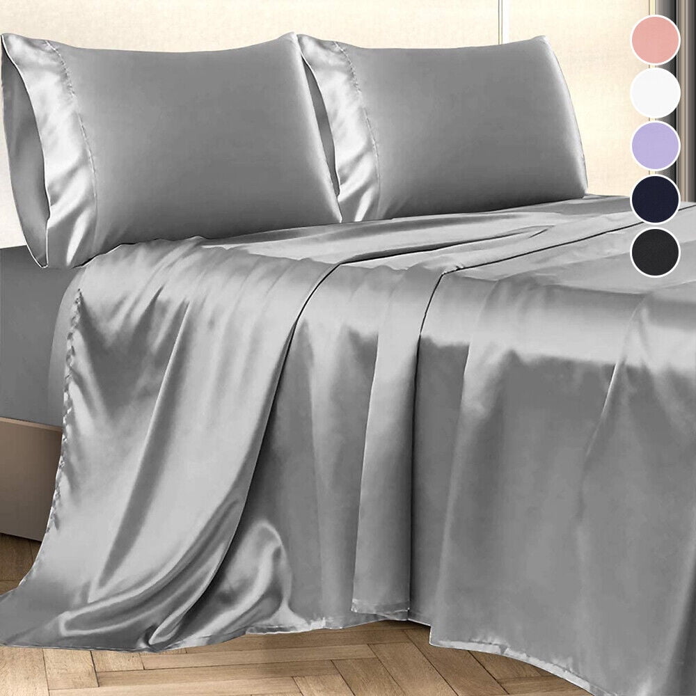 Breathable Luxury Twin Silk Gray Bed Sheet Set Deep Pocket Bed Flat Fitted Sheet, 3-Pieces - Luxury Bed Sheet Set with Deep Pockets Detail