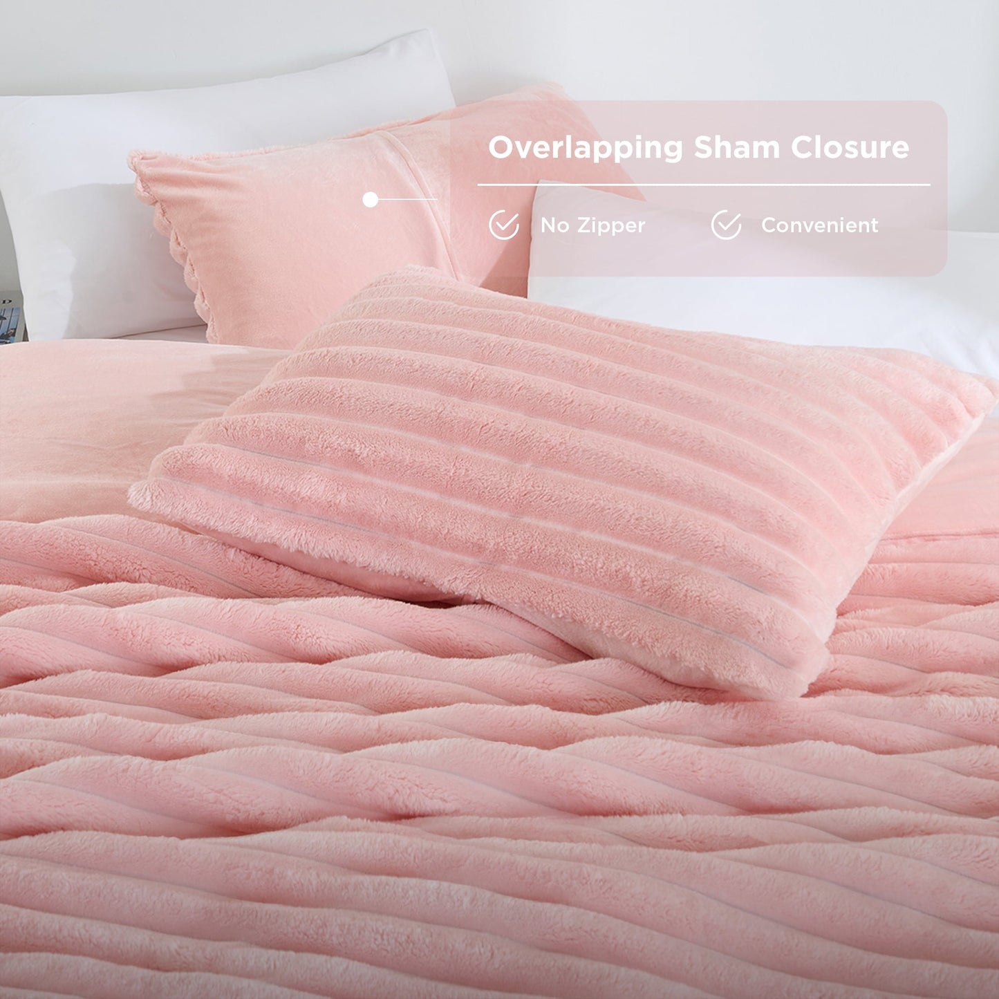 Fluffy Down Alternative Full/Queen Size Comforter Set, Fluffy Ribbed Plush Comforter Set, 3-Piece Bedding Set, Pink - All-Season Down Alternative Comforter Insert Detail