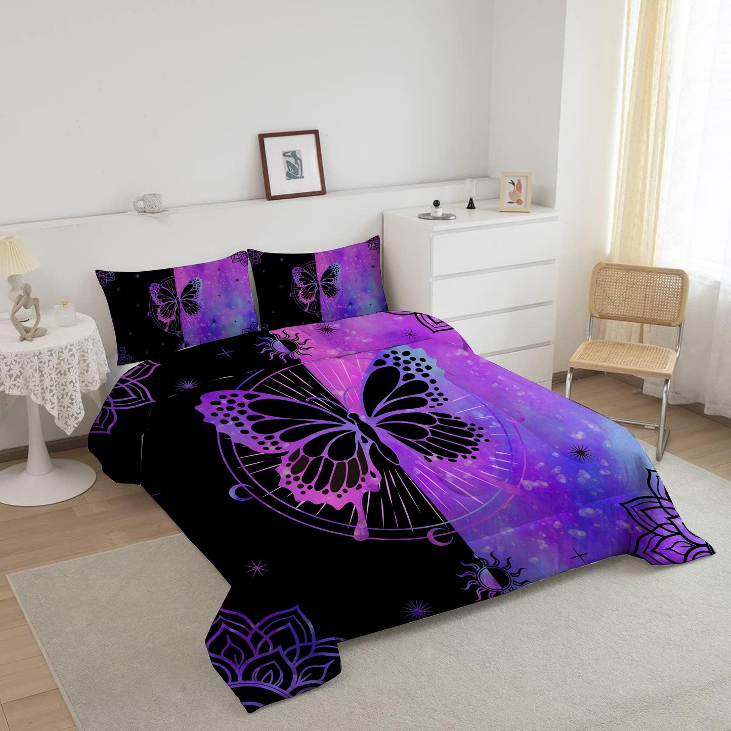 Fluffy Down Alternative Butterfly Comforter Set Full Size for Girls Kids Teens Black Blue Purple Tie Dye Bedding Set 3 Pieces - Luxurious Quilted Duvet Cover Set Detail