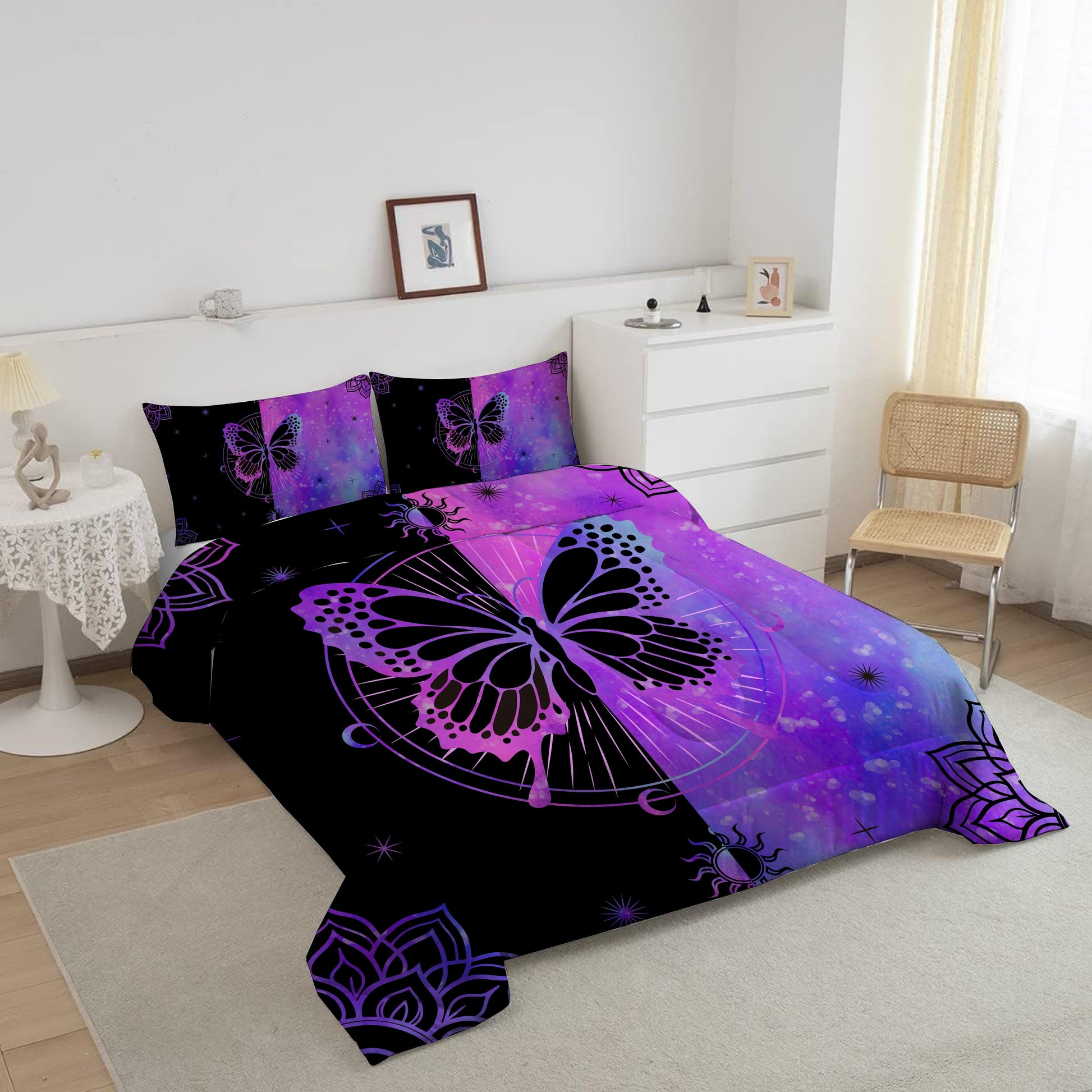 Fluffy Down Alternative Butterfly Comforter Set Full Size for Girls Kids Teens Black Blue Purple Tie Dye Bedding Set 3 Pieces - Luxurious Quilted Duvet Cover Set Detail