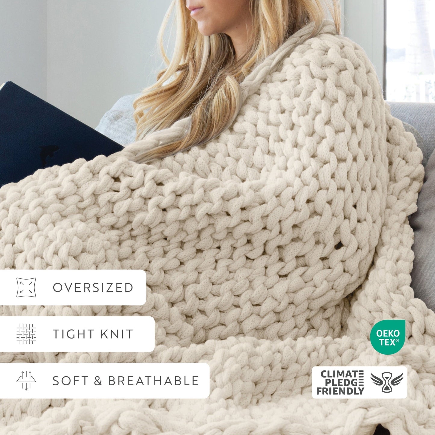 Lightweight Warm Soft & Cozy Chunky Hand-Knit Throw Blanket, Ivory - Lightweight Plush Warm Blanket for All Seasons Detail