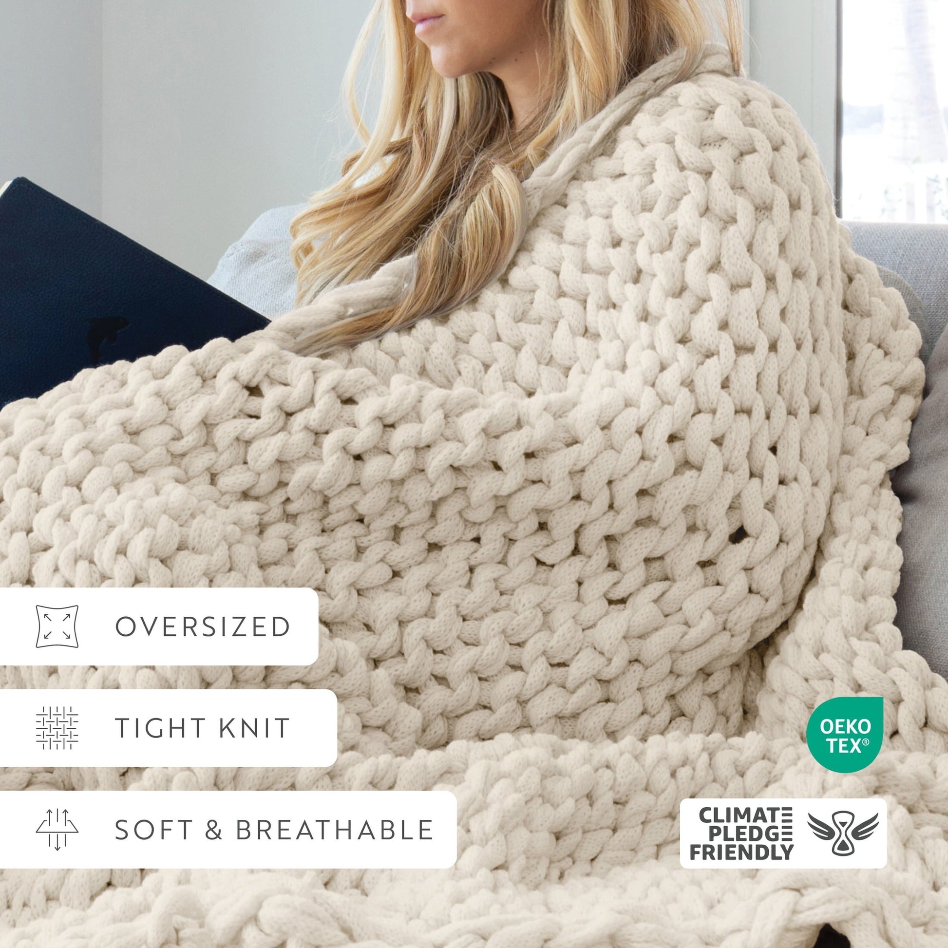 Lightweight Warm Soft & Cozy Chunky Hand-Knit Throw Blanket, Ivory - Lightweight Plush Warm Blanket for All Seasons Detail