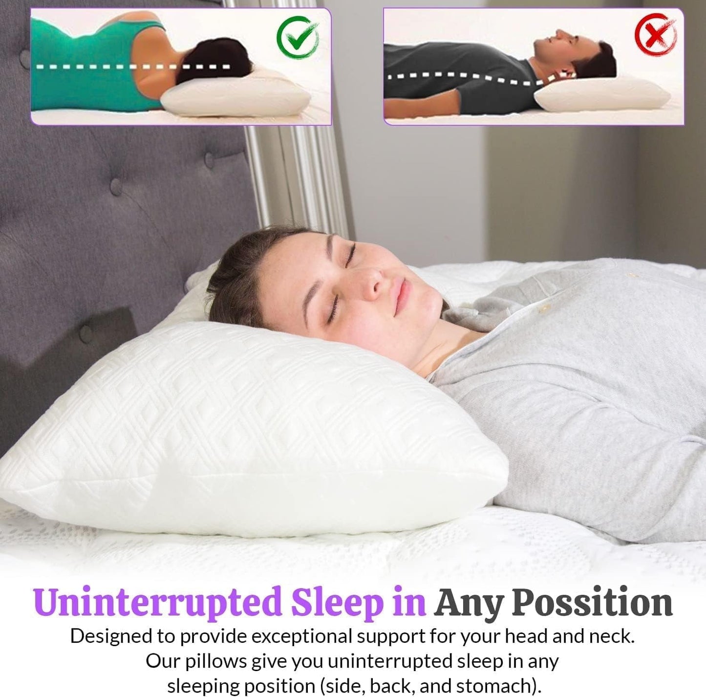 Orthopedic Support King Size Bamboo Pillow, Memory Foam Bed Pillows with Washable Pillowcases, King - Hotel Quality Plush Sleeping Pillows Detail