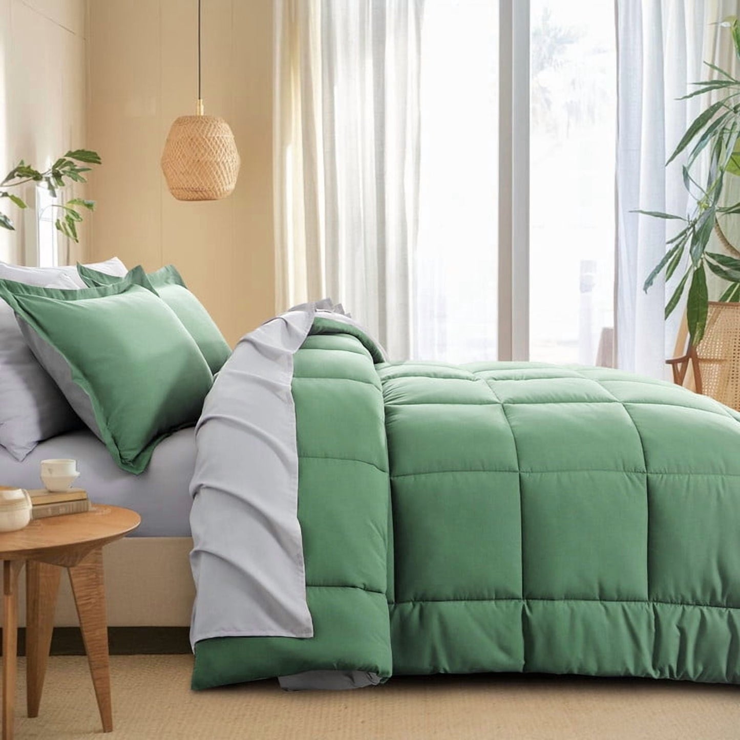 All-Season Grass Green/Grey Queen Size Comforter Set,3-Pieces Reversible Comforter Set Soft and Lightweight,All Season Down Alte... - Luxurious Quilted Duvet Cover Set Detail