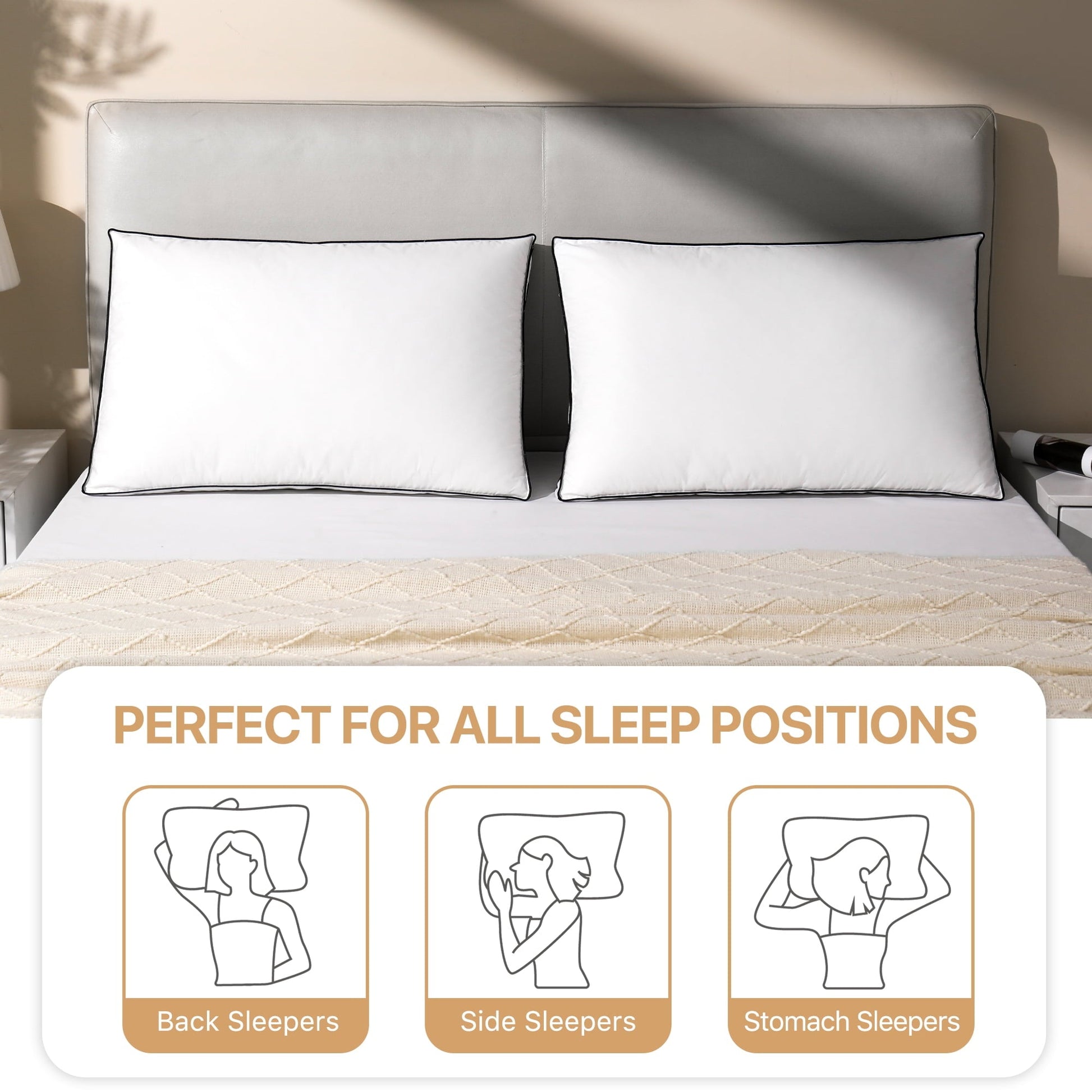 Hotel Collection Gusseted Feather Down Pillow Set of 2, Medium Firm Hotel Bed Pillows 2 Pack, Queen Size for Side Sleepers, 20 x 30 in - Decorative Throw Pillow Cushion for Sofa & Bed Detail