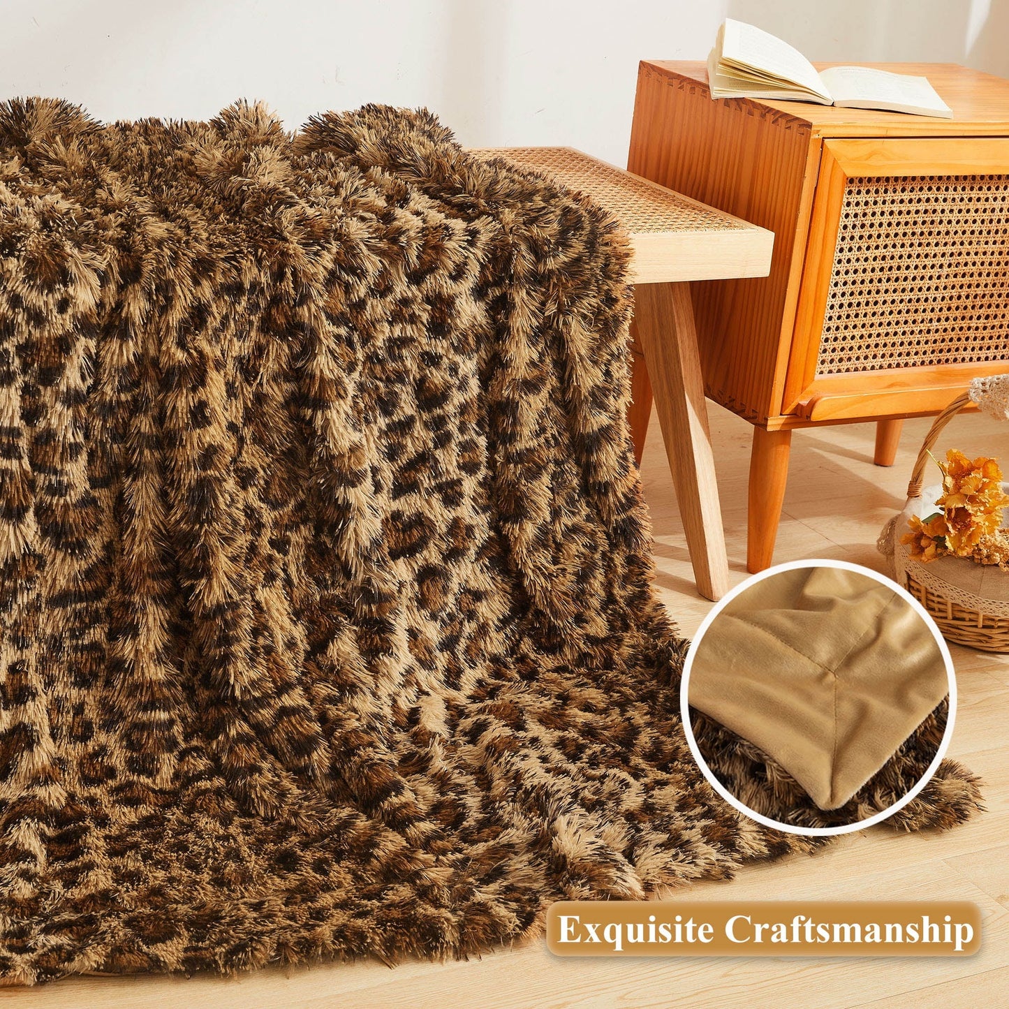 Cozy Fleece Luxury Faux Fur Leopard Print Throw, Soft 50x60 Cheetah Print Fluffy Blanket, Shaggy Plush Decorative Couch Throw, Cu... - Luxury Knitted Decorative Throw Blanket with Fringes Detail