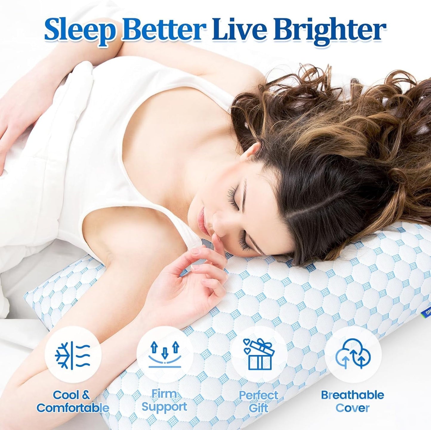 Decorative Plump Memory Foam Pillow for Bed, Firm Cooling Pillow with Washable Cover, Supportive Bed Pillow for Side,Stomach and Back ... - Orthopedic Shredded Foam Bed Pillow Set Detail