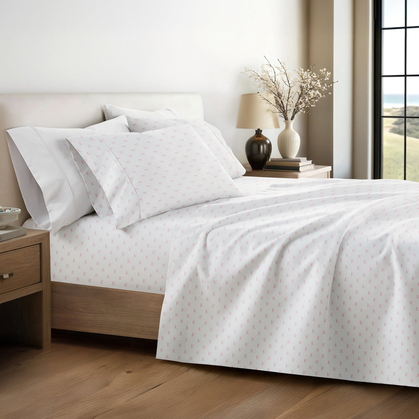 Wrinkle-Resistant 3 Piece Ditsy Pattern Microfiber Bed Sheets, Pink Bows, Twin-XL - Breathable Egyptian Cotton Flat & Fitted Sheets Detail