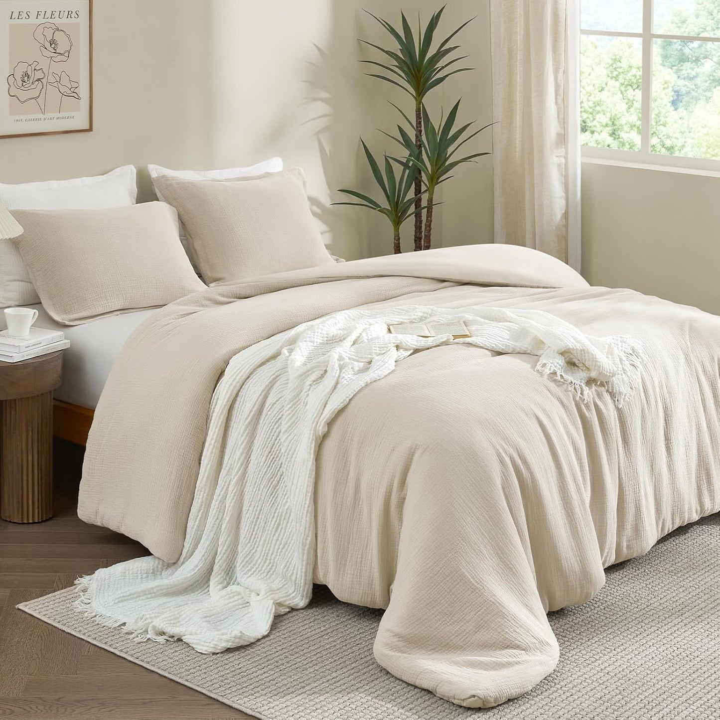 All-Season Cotton Muslin Comforter Set Queen Size, Ultra Soft Breathable & Lightweight Bedding Set for All Seasons, 1 Comfy Comf... - Luxurious Quilted Duvet Cover Set Detail