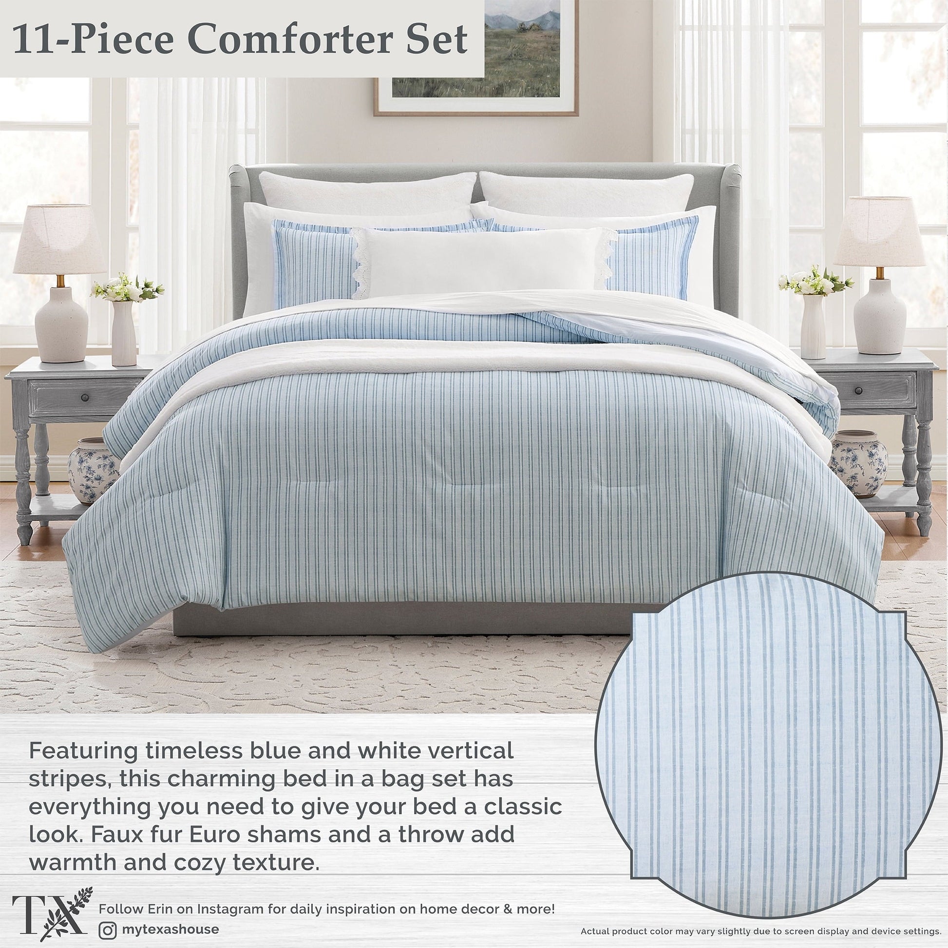 Fluffy Down Alternative Stripe 11-Piece Comforter Set with Sheets, Blue, Queen - Hypoallergenic Ultra-Fluffy Quilt for Winter Detail