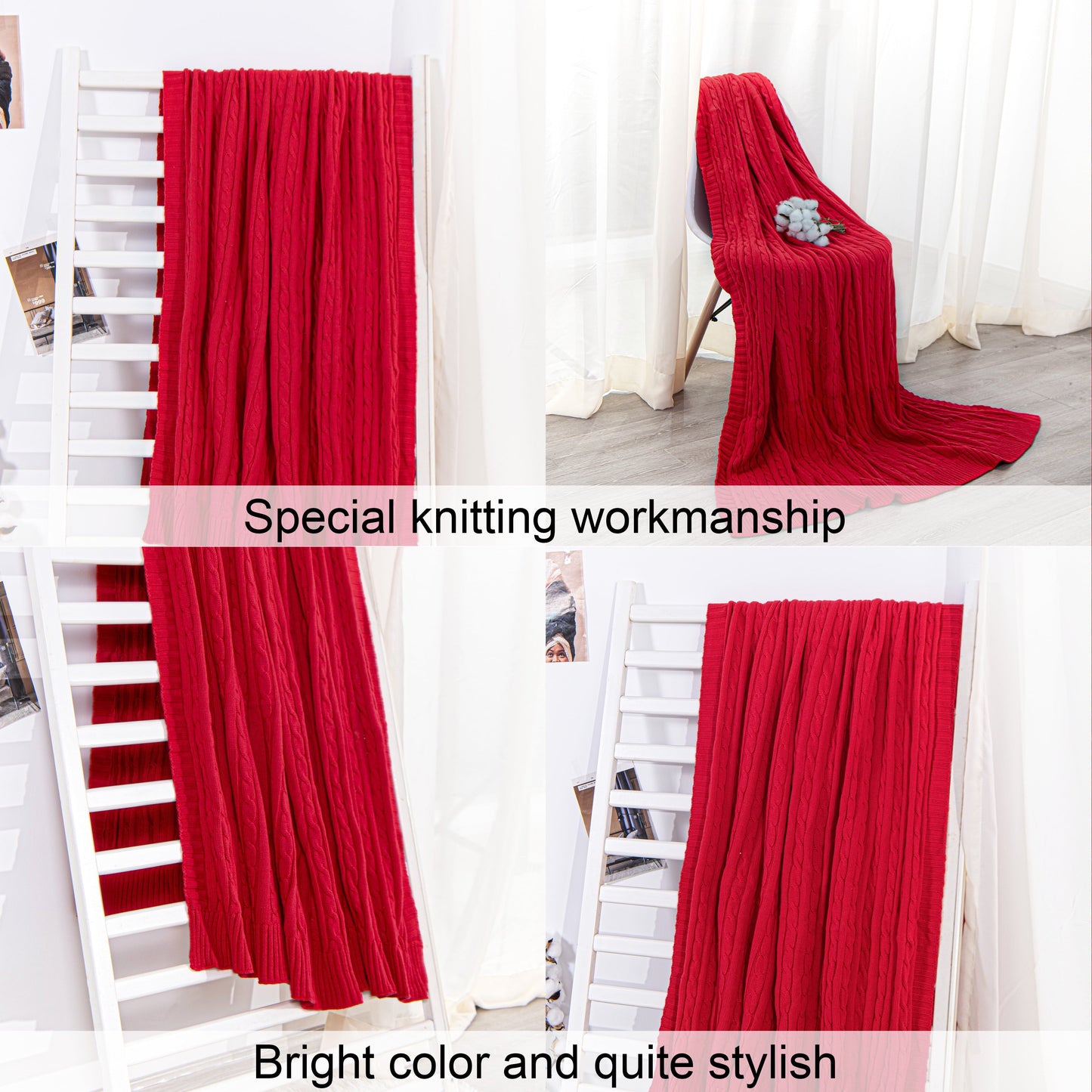 Lightweight Warm 100% Cotton Cable Knit Throw, Super Soft Warm Knitted Blanket Home Decor, 51"x67", Red - Luxury Knitted Decorative Throw Blanket with Fringes Detail