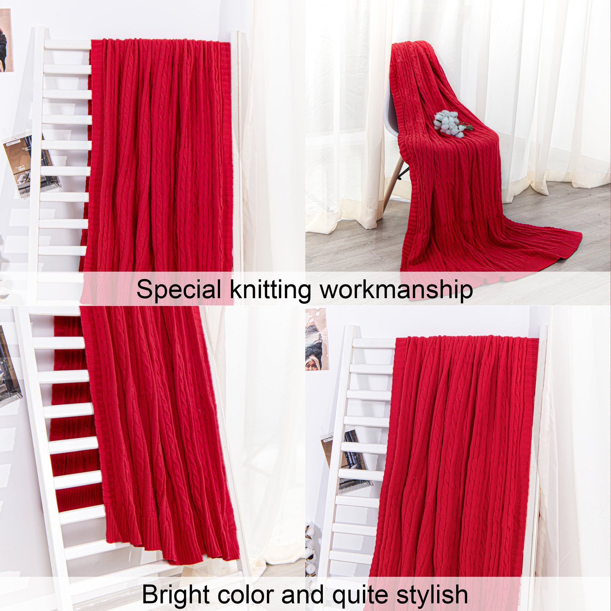 Lightweight Warm 100% Cotton Cable Knit Throw, Super Soft Warm Knitted Blanket Home Decor, 51"x67", Red - Luxury Knitted Decorative Throw Blanket with Fringes Detail