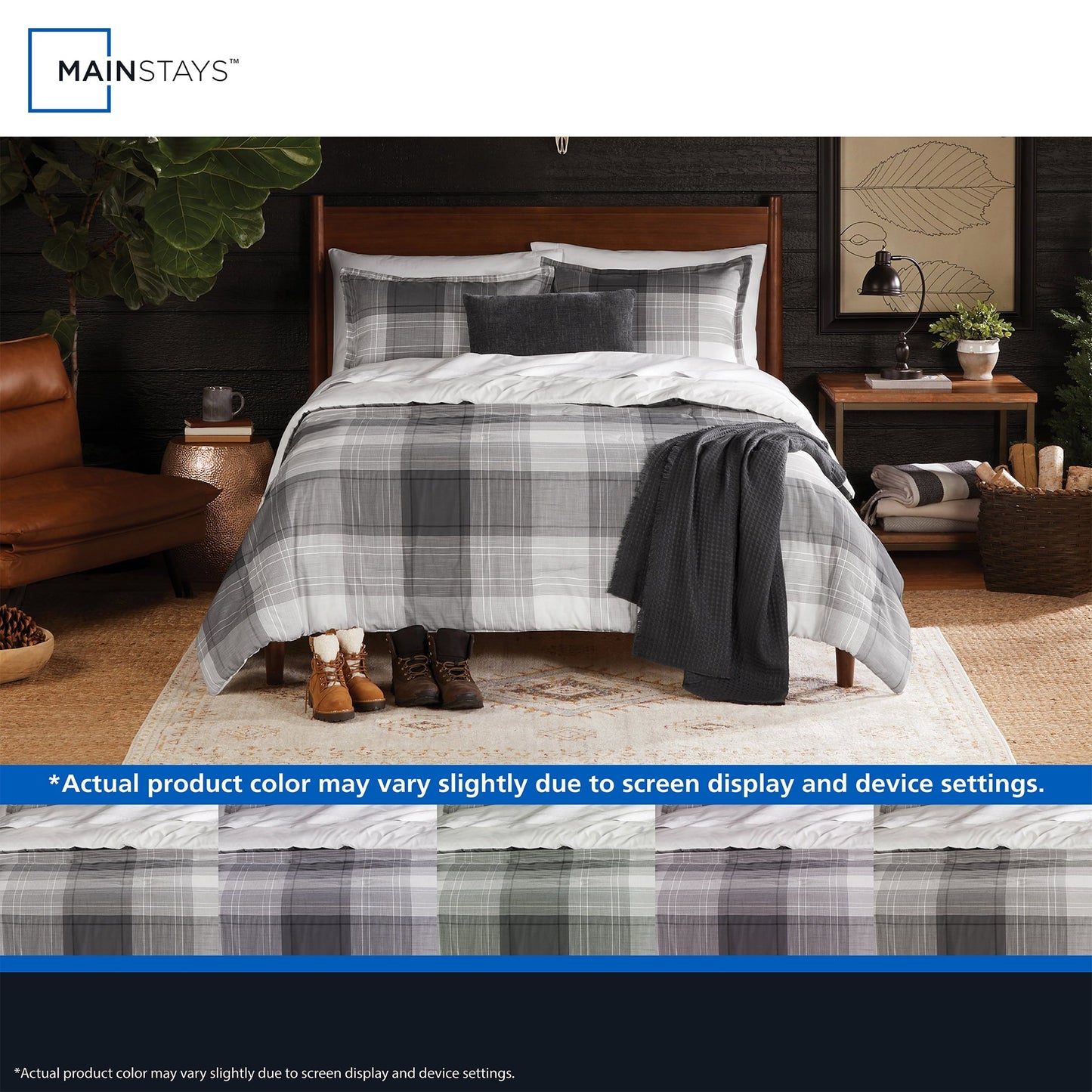 Heavyweight Warmth Full/Queen Comforter Set, All-Season, 5-Piece, Grey Plaid - Luxurious Quilted Duvet Cover Set Detail