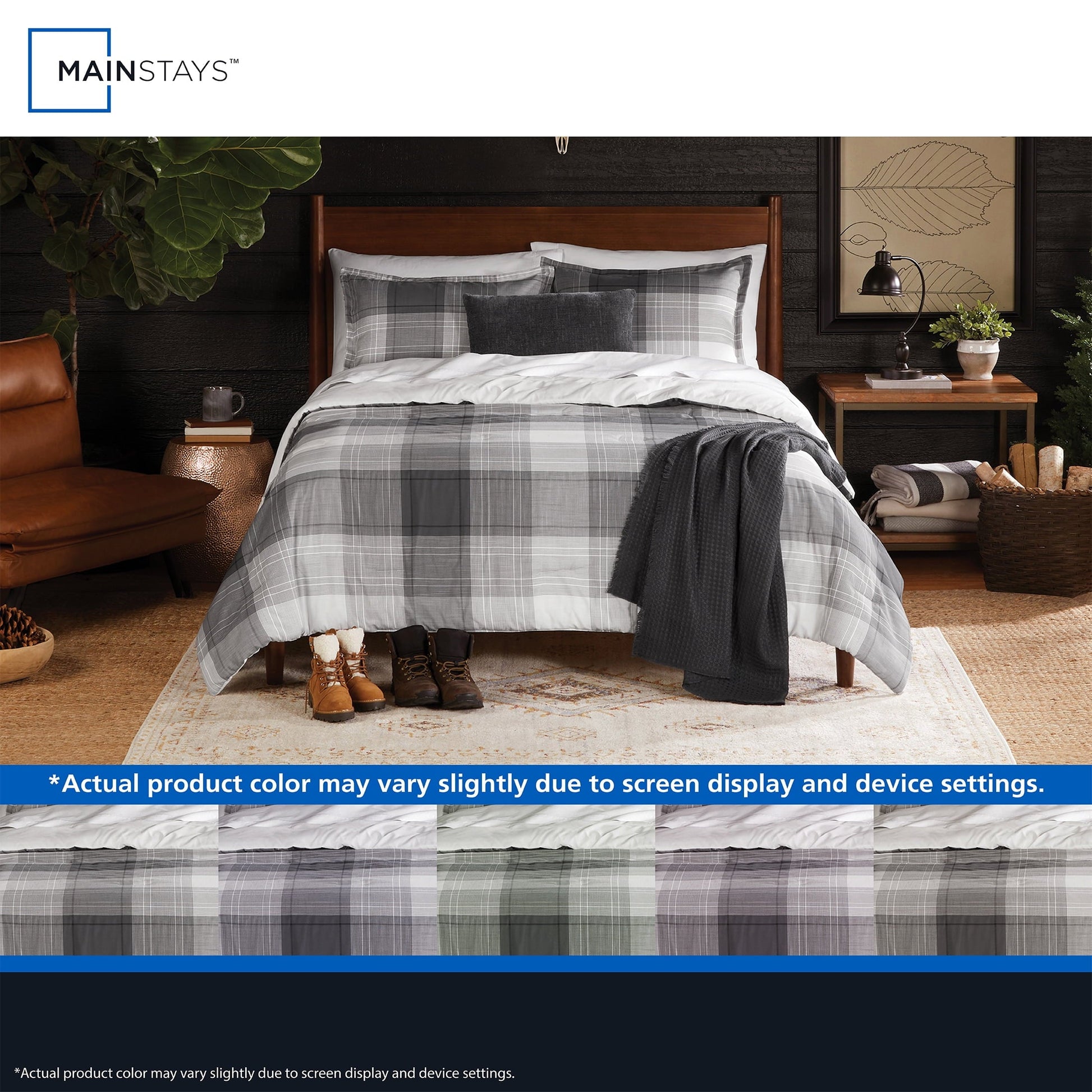 Heavyweight Warmth Full/Queen Comforter Set, All-Season, 5-Piece, Grey Plaid - Luxurious Quilted Duvet Cover Set Detail