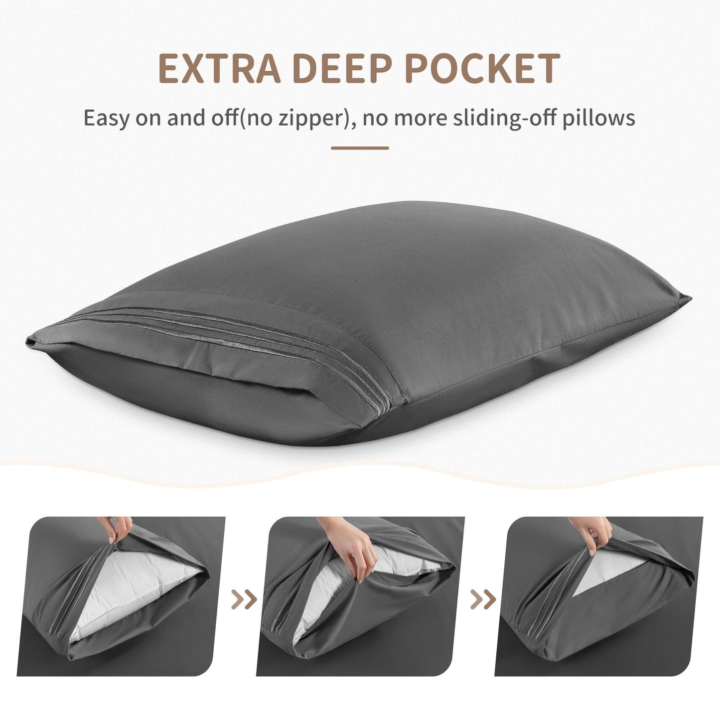 Wrinkle-Resistant 6 Pieces Bed Sheet Set, 1800 Series Soft Microfiber Queen Sheets with 16" Deep Pocket, Dark Gray - Cooling Hotel Quality Bedding Sheets and Pillowcases Detail