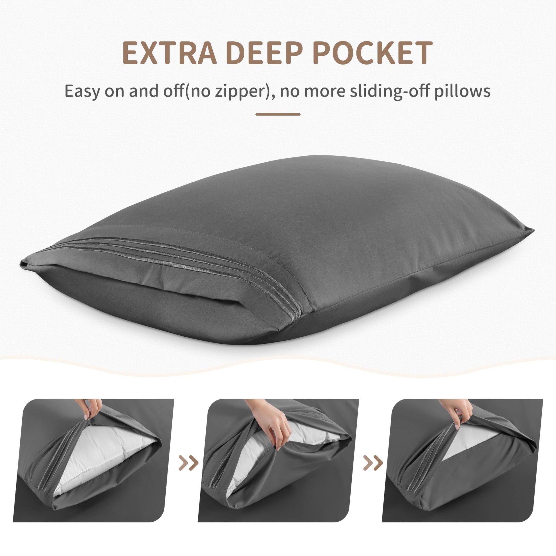 Wrinkle-Resistant 6 Pieces Bed Sheet Set, 1800 Series Soft Microfiber Queen Sheets with 16" Deep Pocket, Dark Gray - Cooling Hotel Quality Bedding Sheets and Pillowcases Detail