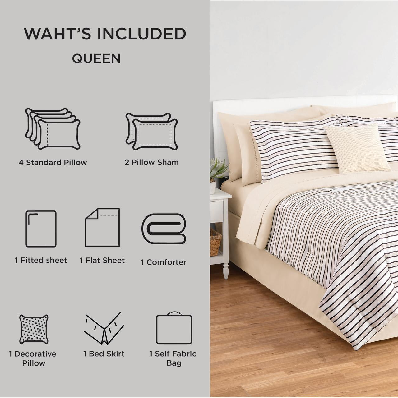 Hypoallergenic Cloud Soft Touch Bed in a Bag 11-Piece Reversible Tan & Black Striped Comforter Set with Sheets, Queen - Luxurious Quilted Duvet Cover Set Detail