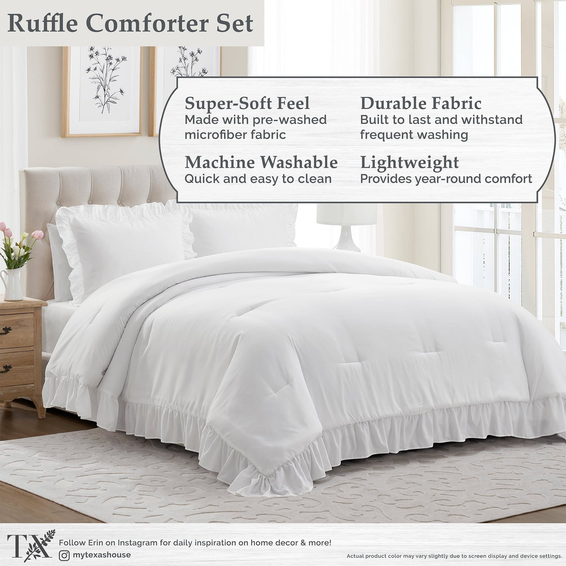 Hypoallergenic Cloud Full/Queen Comforter Set, All-Season, 3-Piece, White Ruffle - Hypoallergenic Ultra-Fluffy Quilt for Winter Detail