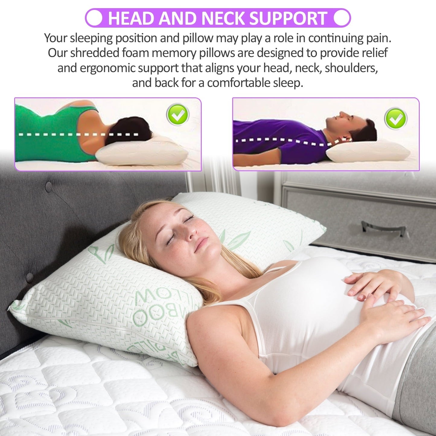 Orthopedic Support King Size Pillow, Memory Foam Bed Pillows with Washable Pillowcases, King - Orthopedic Shredded Foam Bed Pillow Set Detail