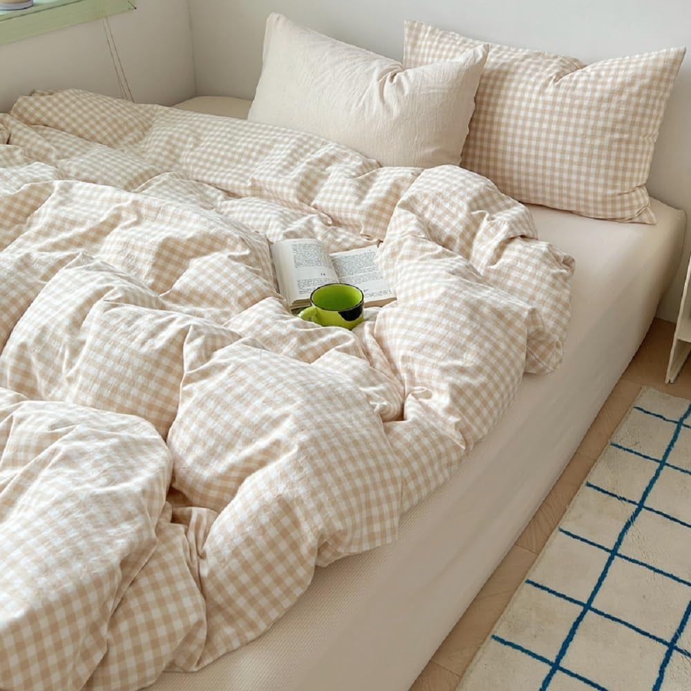Luxurious Quilted Soft Beige White Plaid Comforter Twin Sets, 2 Pieces Breathable Plaid Buffalo Checkered Comforter for All Season - Hypoallergenic Ultra-Fluffy Quilt for Winter Detail