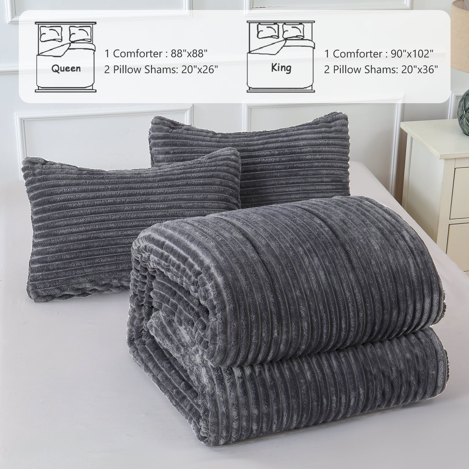 Fluffy Down Alternative 3 Piece Fleece Queen Comforter Set - Soft & Warm Fluffy Dark Gray Sherpa Bedding , Fuzzy Heavy Double Sided Design Wi... - Hypoallergenic Ultra-Fluffy Quilt for Winter Detail