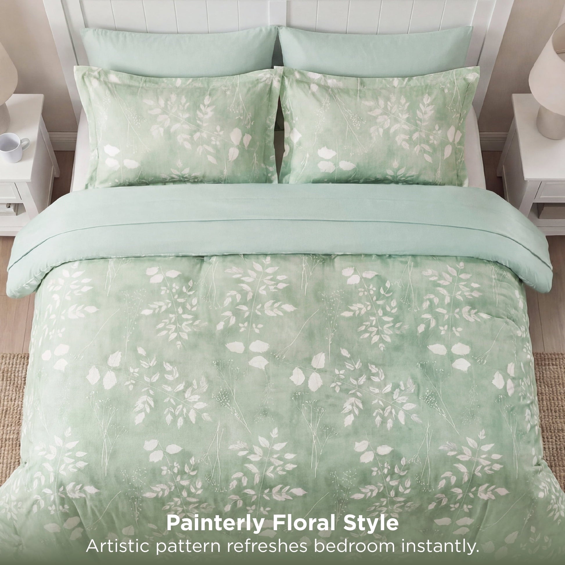 Luxurious Quilted Queen Comforter Set Sage Green, Bed in a Bag Queen Size Bedding, 7-Pieces Botanical Flowers Spring Comforter, Sheets,... - Luxurious Quilted Duvet Cover Set Detail