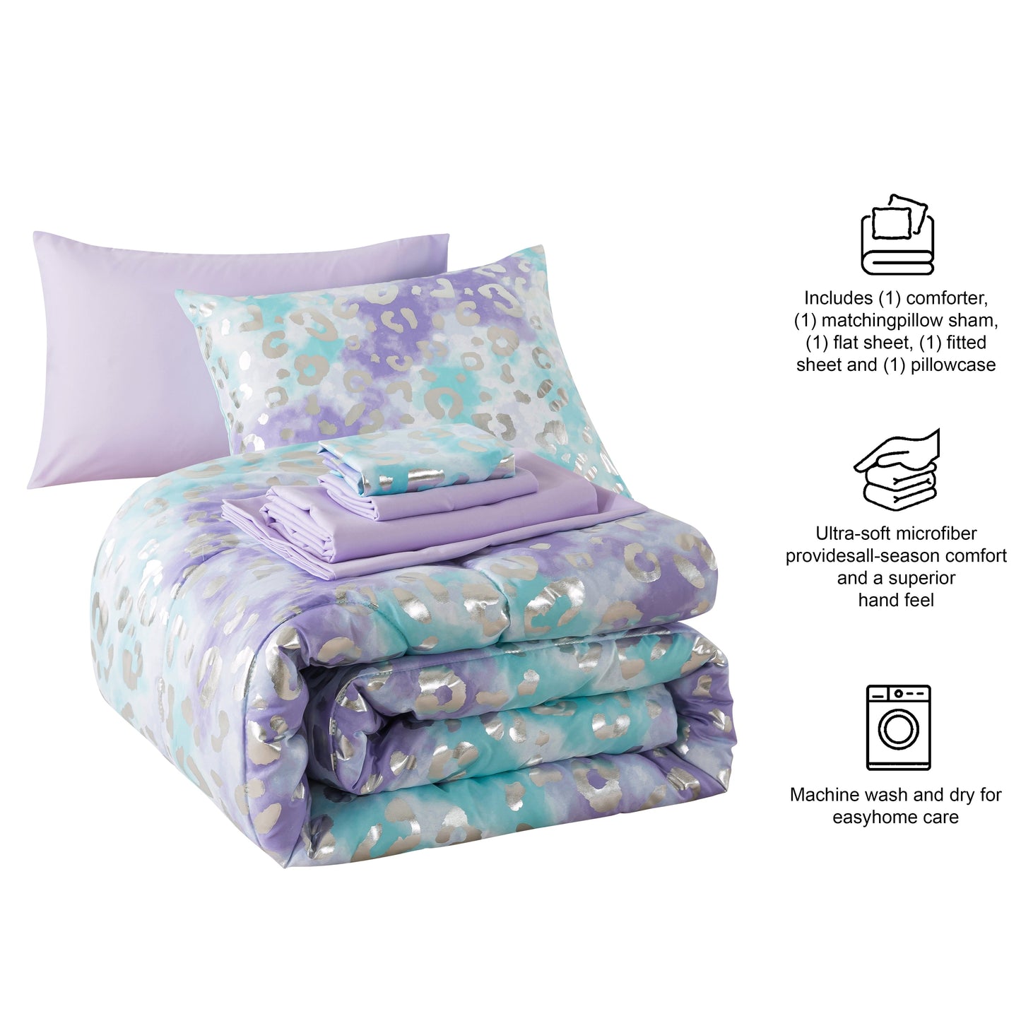 Heavyweight Warmth 5-Piece Purple Metallic Foil Cheetah Bedding Set for Kids with Storage Bag, Twin - Cloud-Like Soft Lightweight Bed Comforter Detail