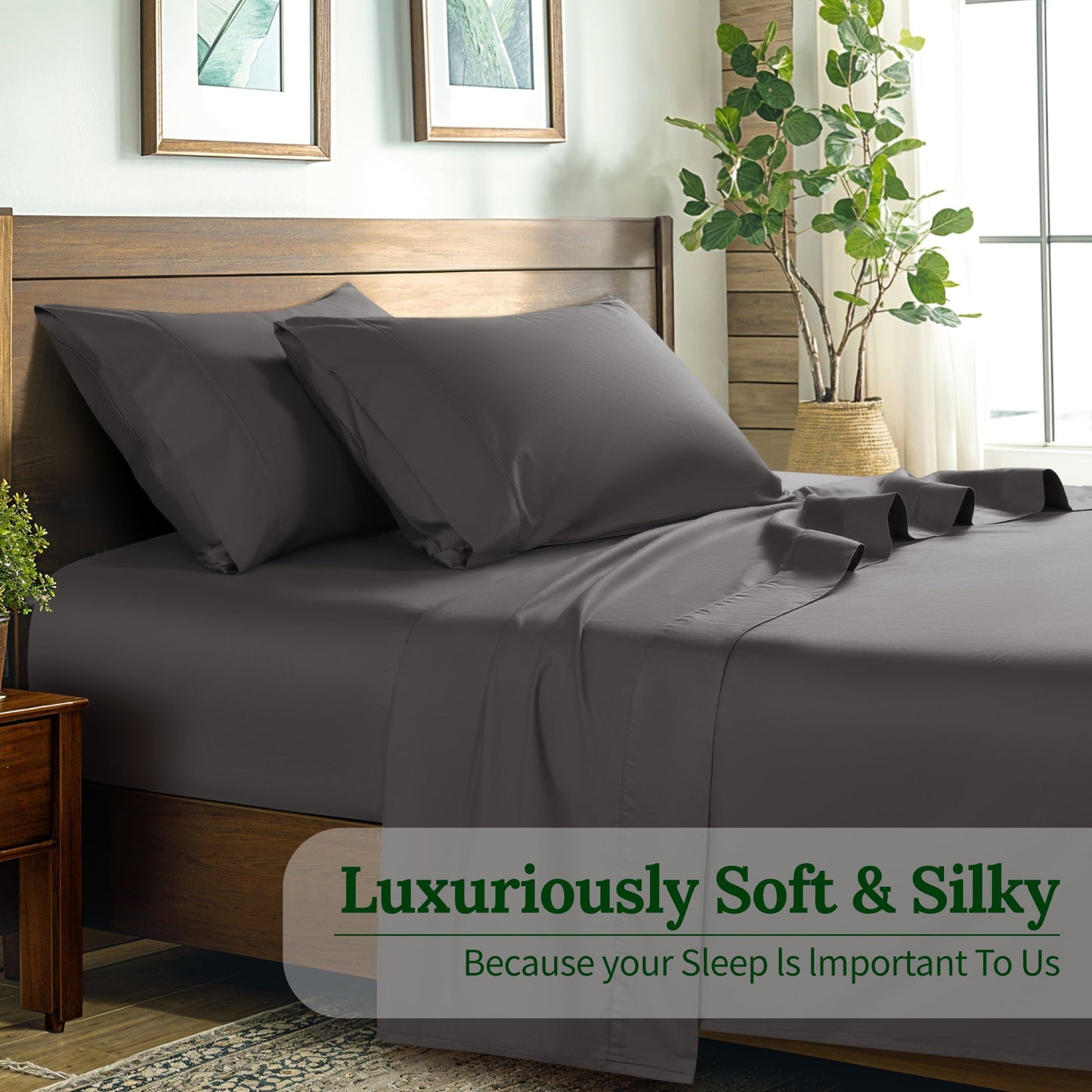 Wrinkle-Resistant 100% Cotton Bed Sheets Set, 1000 Thread Count 4 Piece Luxury Soft Sheets Set with 16" Deep Pocket, Queen, Dark Gray - Premium Ultra-Soft Pillowcase Pair for Sleeping Detail