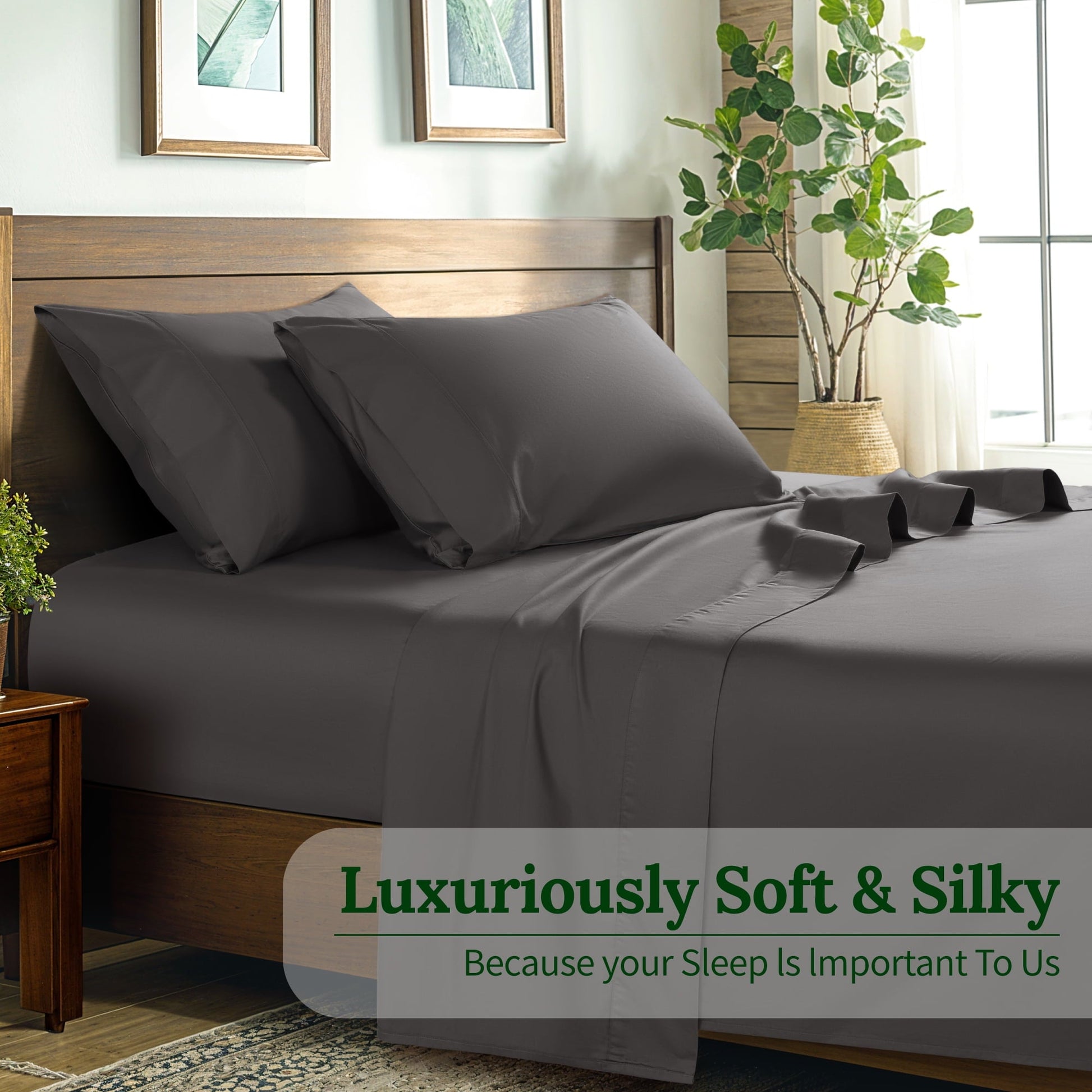 Wrinkle-Resistant 100% Cotton Bed Sheets Set, 1000 Thread Count 4 Piece Luxury Soft Sheets Set with 16" Deep Pocket, Queen, Dark Gray - Premium Ultra-Soft Pillowcase Pair for Sleeping Detail