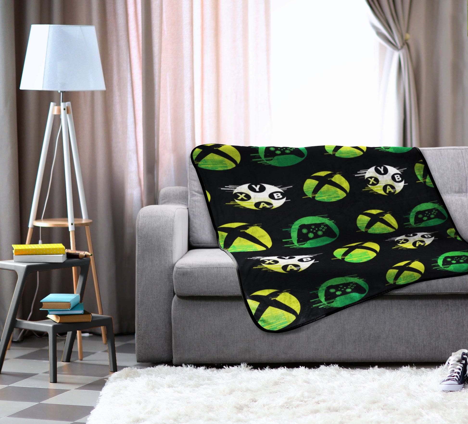 Decorative Knitted Head Glow In The Dark Kids Throw Blanket, 46 x 60, Microfiber, Black - Super Soft Reversible Sherpa Flannel Blanket Detail