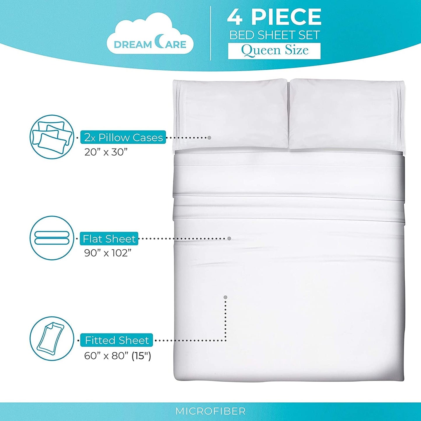 Breathable Luxury Bed Sheets Set - Queen Size Sheet with Side Pocket - 4pcs Set, 15 inches, White - Premium Ultra-Soft Pillowcase Pair for Sleeping Detail