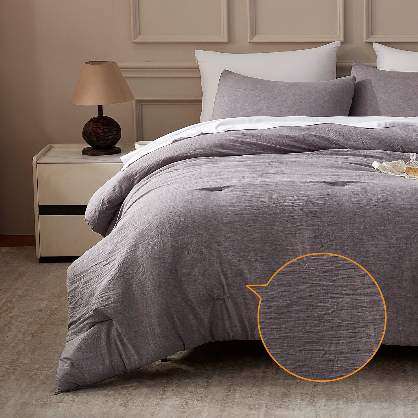 All-Season Washed Comforter Set Full Size - 3 Pieces Soft Luxury Cationic Dyeing Bedding Sets, Linen-Like Texture Breathable Wri... - Luxurious Quilted Duvet Cover Set Detail