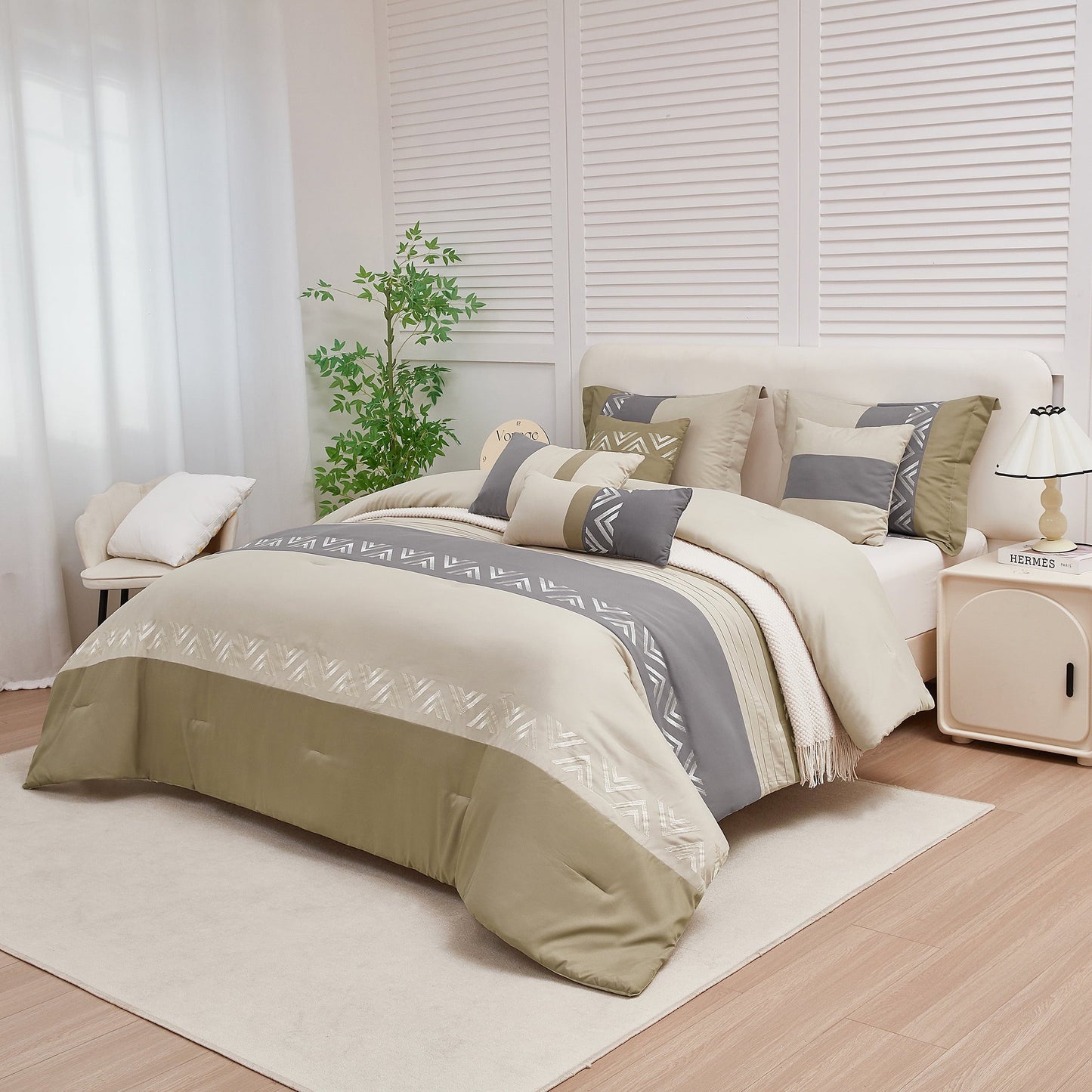 All-Season 7 Piece Embroidery Design Bed-in-a-Bag, Taupe Queen Size Ultra Soft Comforter Set for Adults - Cloud-Like Soft Lightweight Bed Comforter Detail