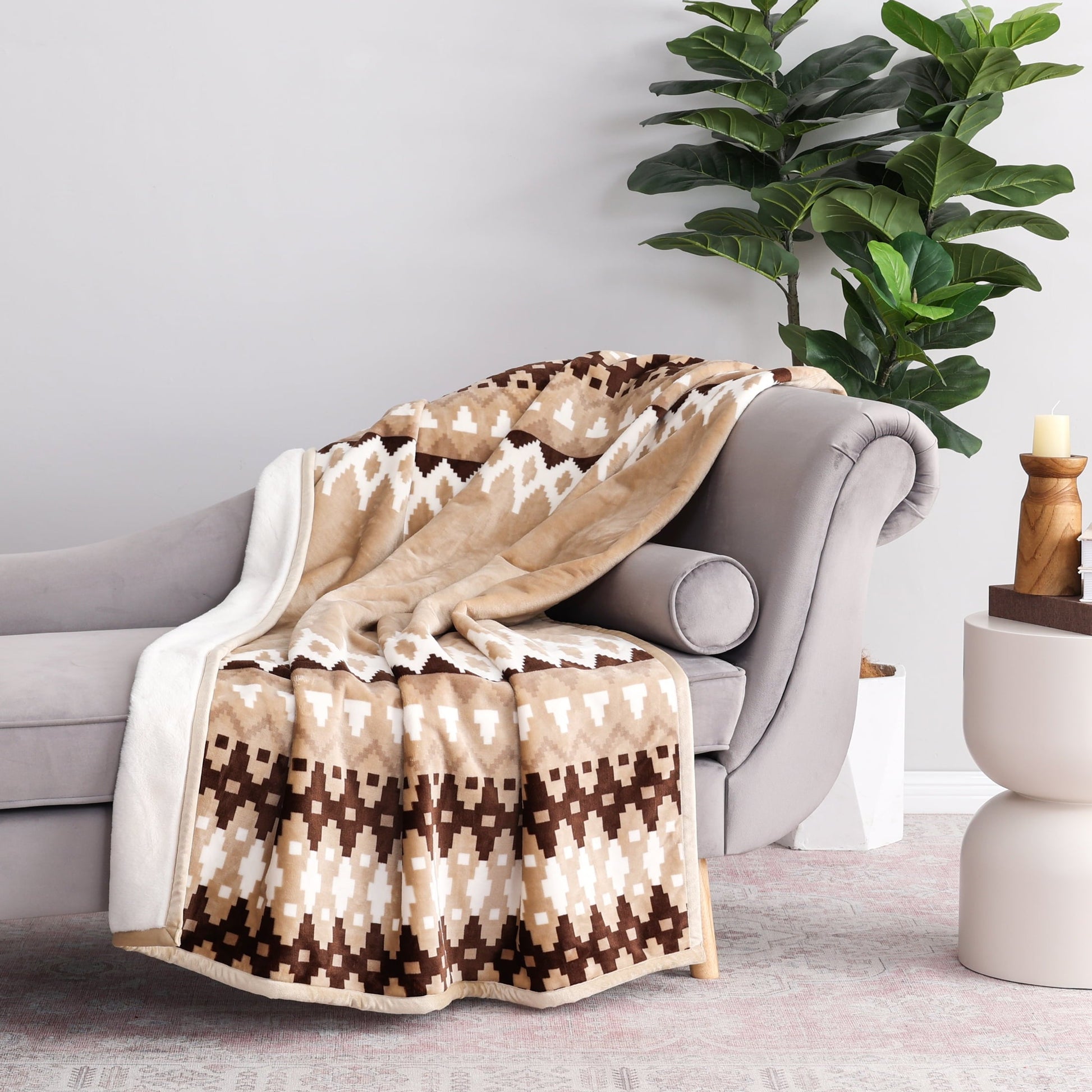 Cozy Fleece Printed Velvet Plush Reverse to Faux Fur Super Soft Throw Blanket, Oversized, Linder Border Beige - Super Soft Reversible Sherpa Flannel Blanket Detail
