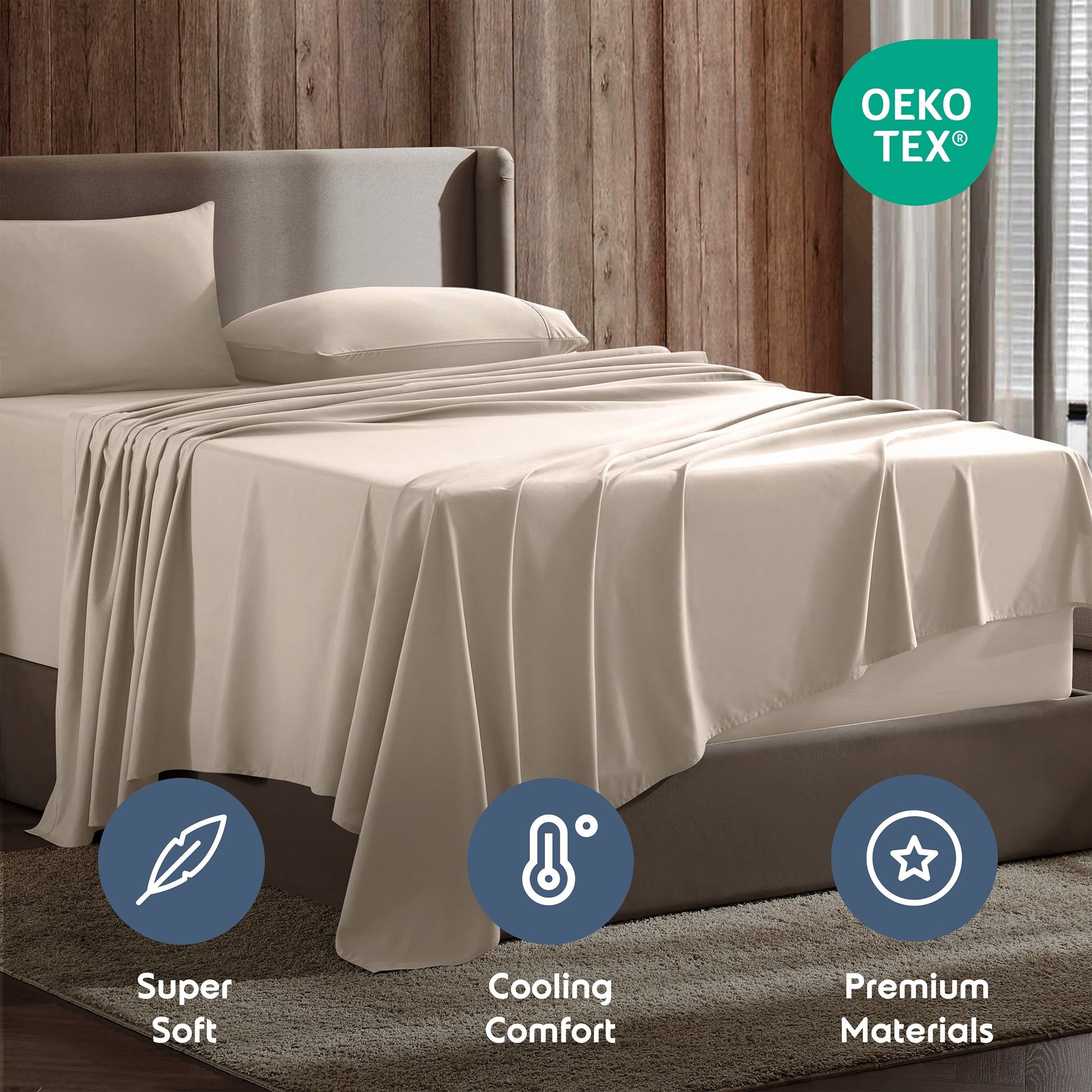 Breathable Luxury King Sheet Sets, 1800 Series Deep Pocket 4 Piece, Luxury Soft Microfiber Bed Sheet Sets, BEIGE CREAM - Premium Ultra-Soft Pillowcase Pair for Sleeping Detail