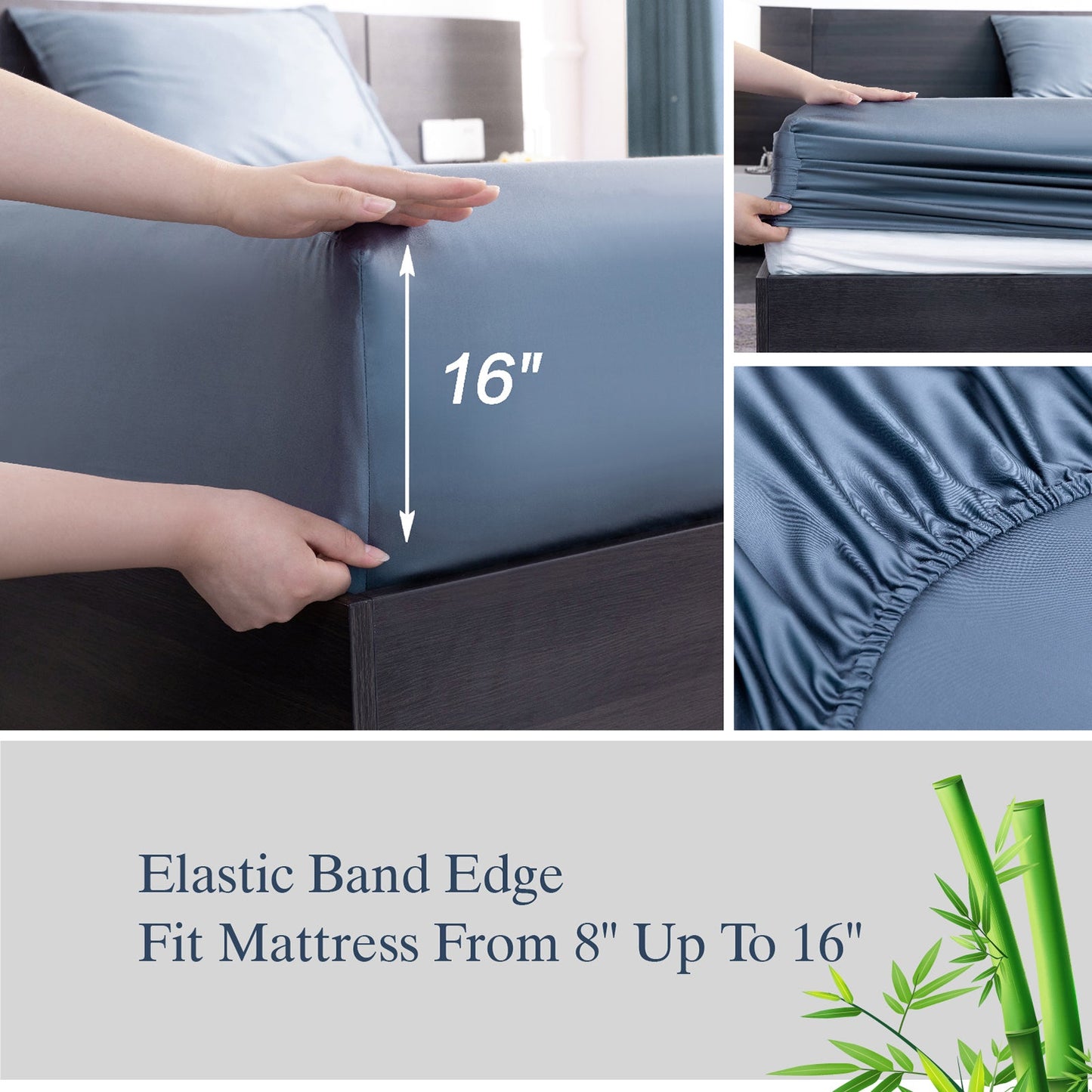 Breathable Luxury Luxury Bamboo Bed Sheets Set Full 4 Pcs for Adult,Soft&Cool,16" Deep Pocket,Blue Gray - Cooling Hotel Quality Bedding Sheets and Pillowcases Detail