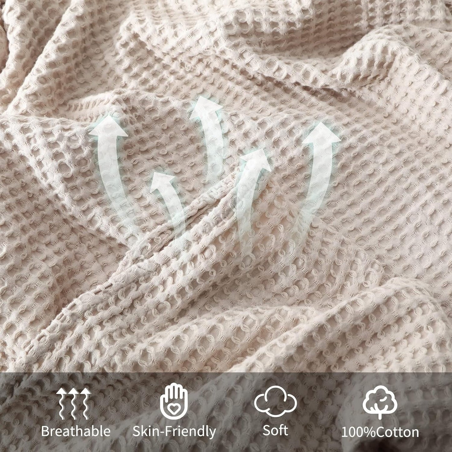 Cozy Fleece 100% Cotton Waffle Bed Blanket King Size, Throw Blanket for Couch All Seasons (Beige, 104x90) - Cozy Fleece Throw Blanket for Couch & Bed Detail