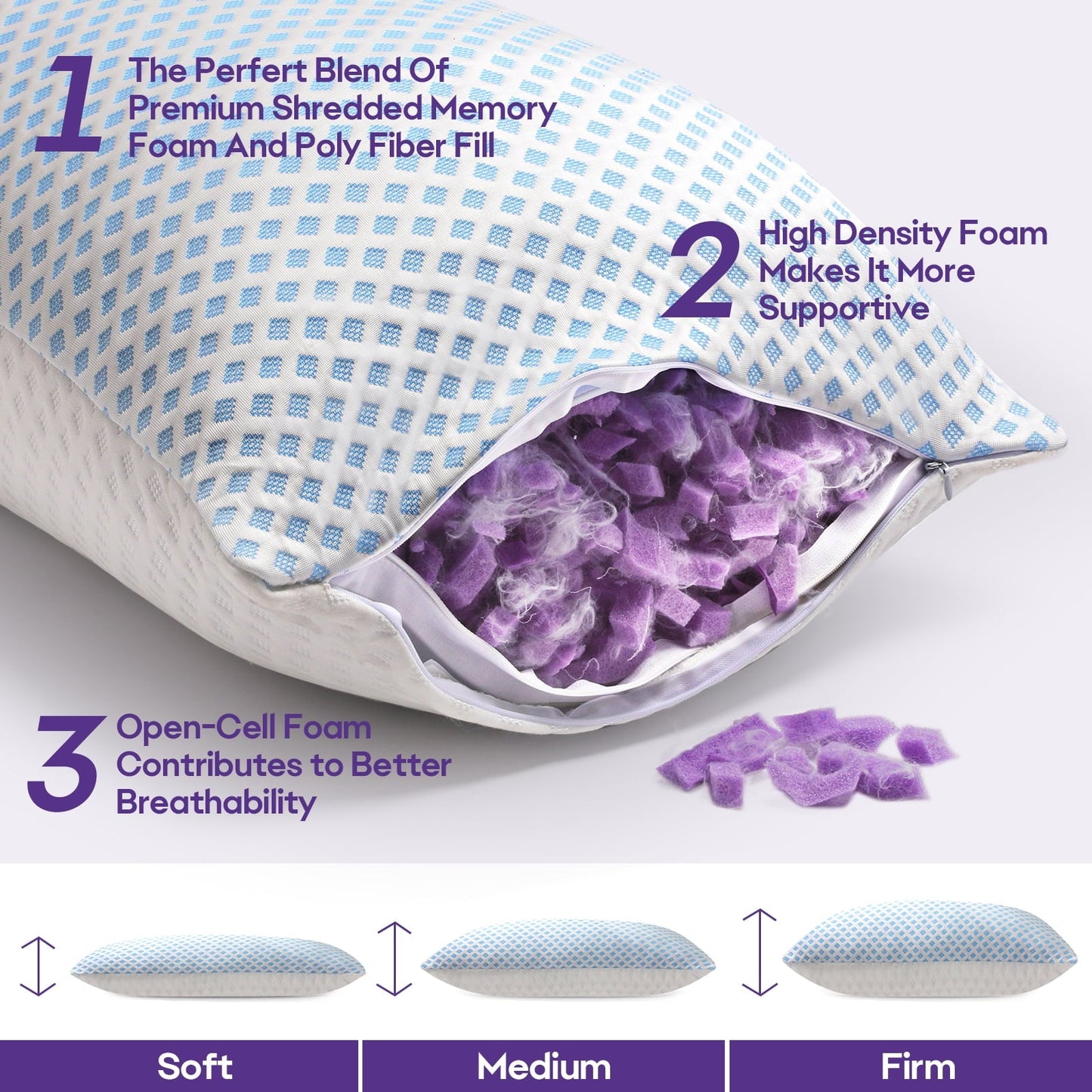 Decorative Plump Cooling Pillows for Bed Sleeping Shredded Memory Foam Pillows Queen Size Set of 2 Pack 20 x 30 inches - Hotel Quality Plush Sleeping Pillows Detail