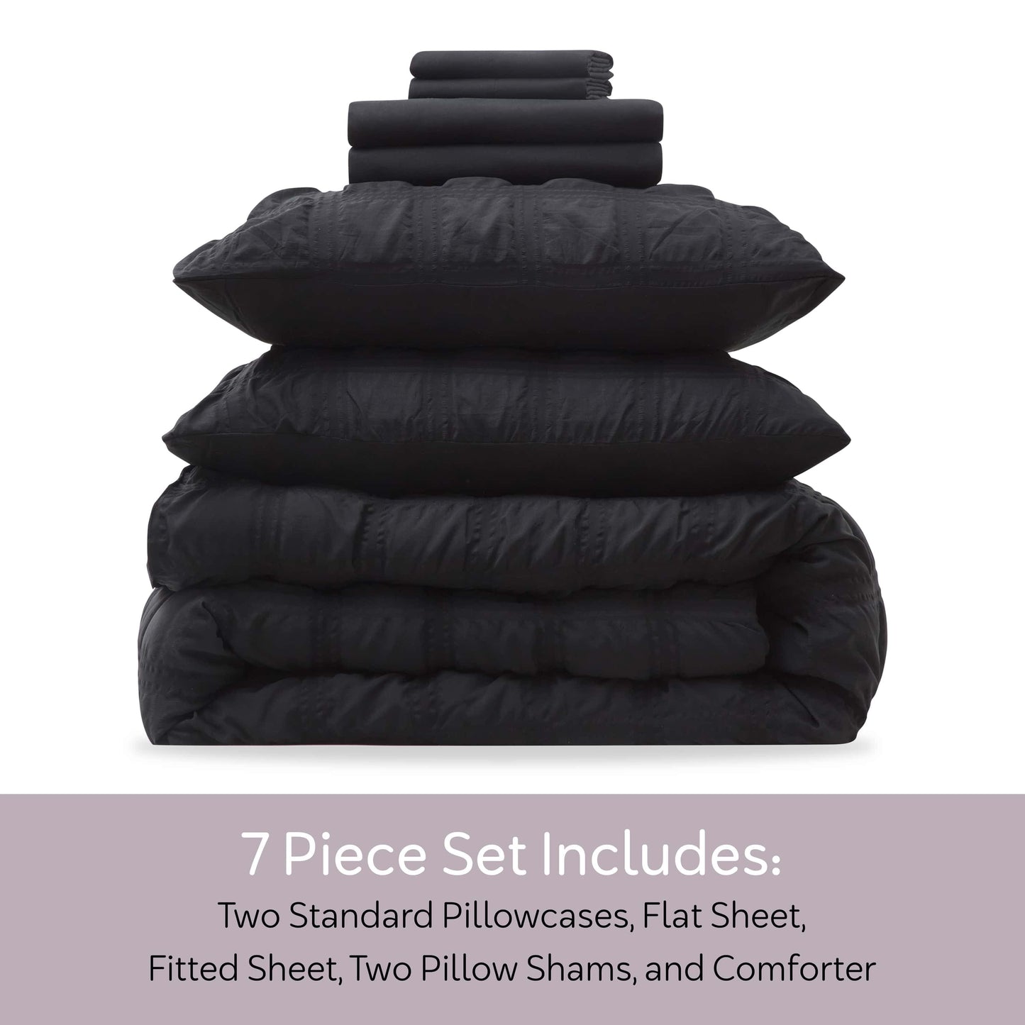 Heavyweight Warmth Queen Comforter Set, Seersucker Queen Size Comforter Set, 7-Pc All Season Bedding Comforter Set, Black - Luxurious Quilted Duvet Cover Set Detail