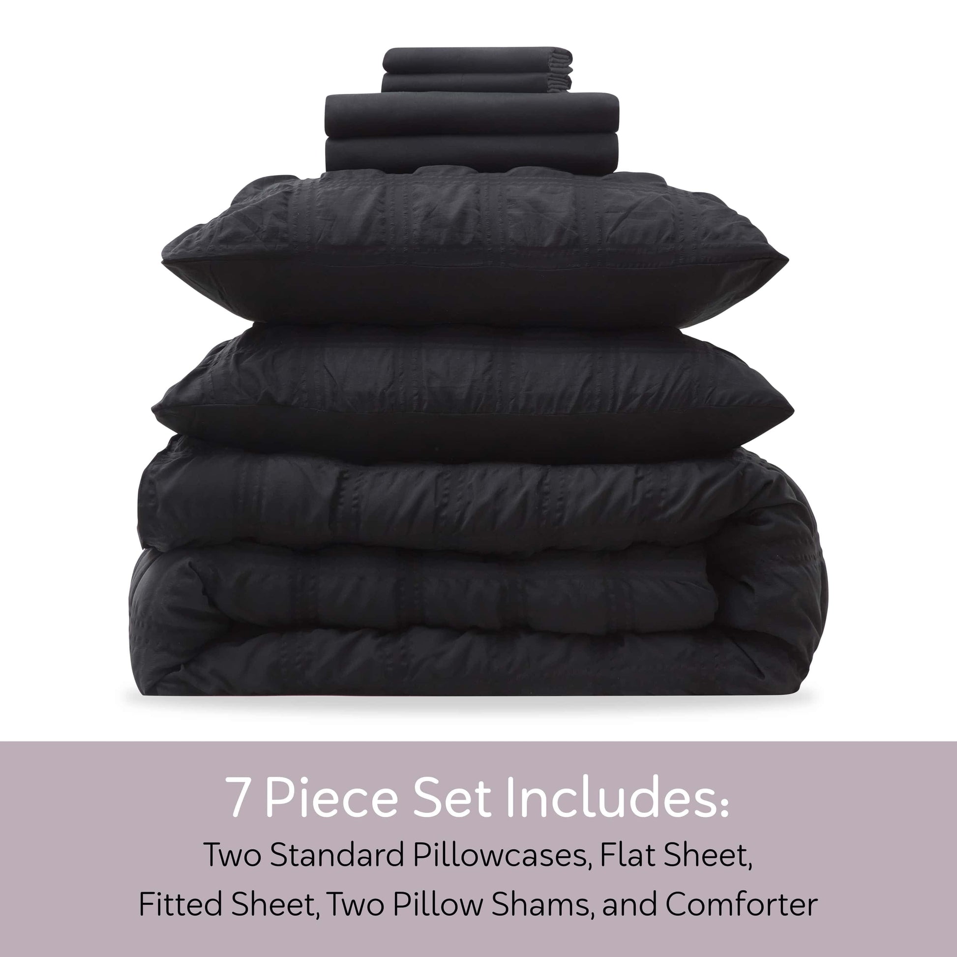 Heavyweight Warmth Queen Comforter Set, Seersucker Queen Size Comforter Set, 7-Pc All Season Bedding Comforter Set, Black - Luxurious Quilted Duvet Cover Set Detail