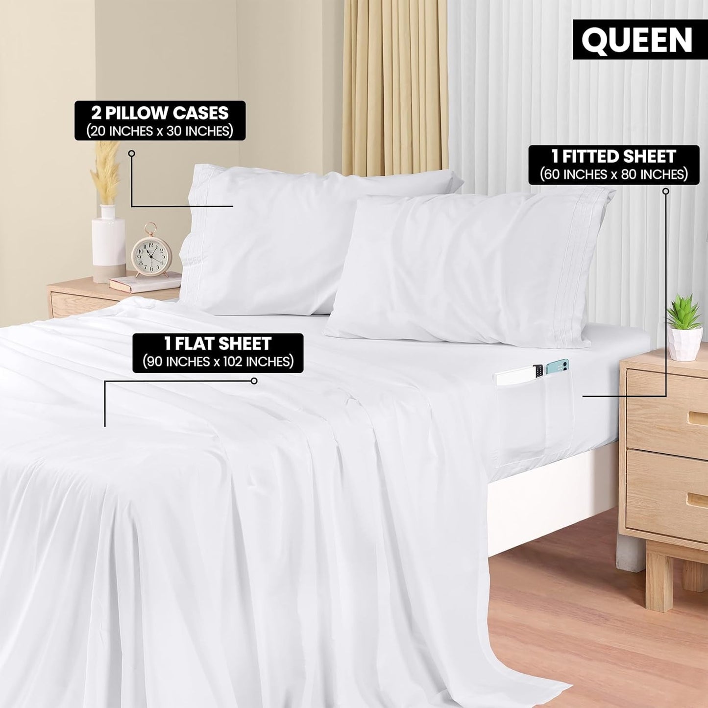 Ultra-Soft Set, Soft Microfiber 4 Piece Hotel Luxury Bed s with Deep Pockets, Embroidered Pillow Cases, Side Storage Pocket Fitt... - Premium Ultra-Soft Pillowcase Pair for Sleeping Detail