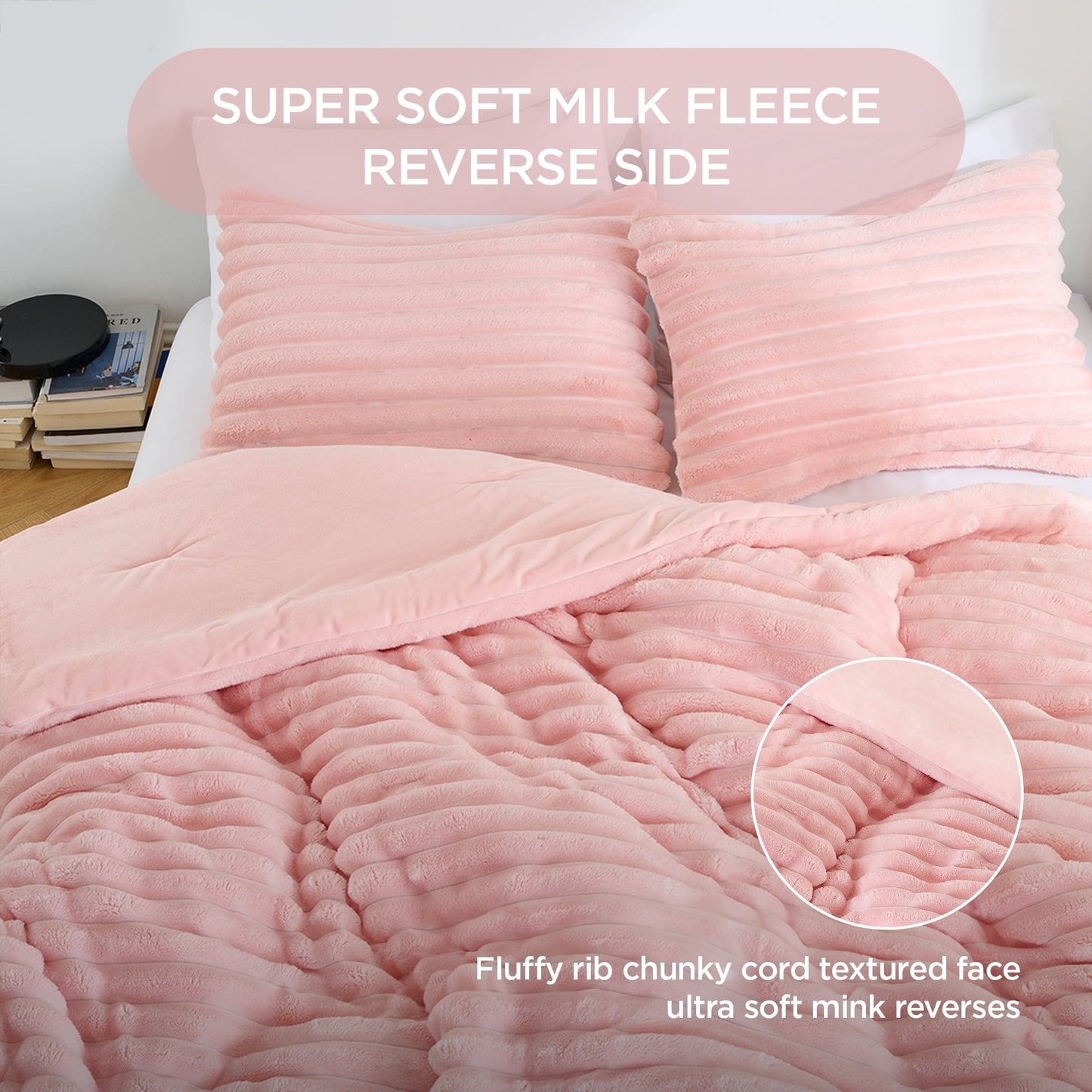Fluffy Down Alternative Full/Queen Size Comforter Set, Fluffy Ribbed Plush Comforter Set, 3-Piece Bedding Set, Pink - All-Season Down Alternative Comforter Insert Detail