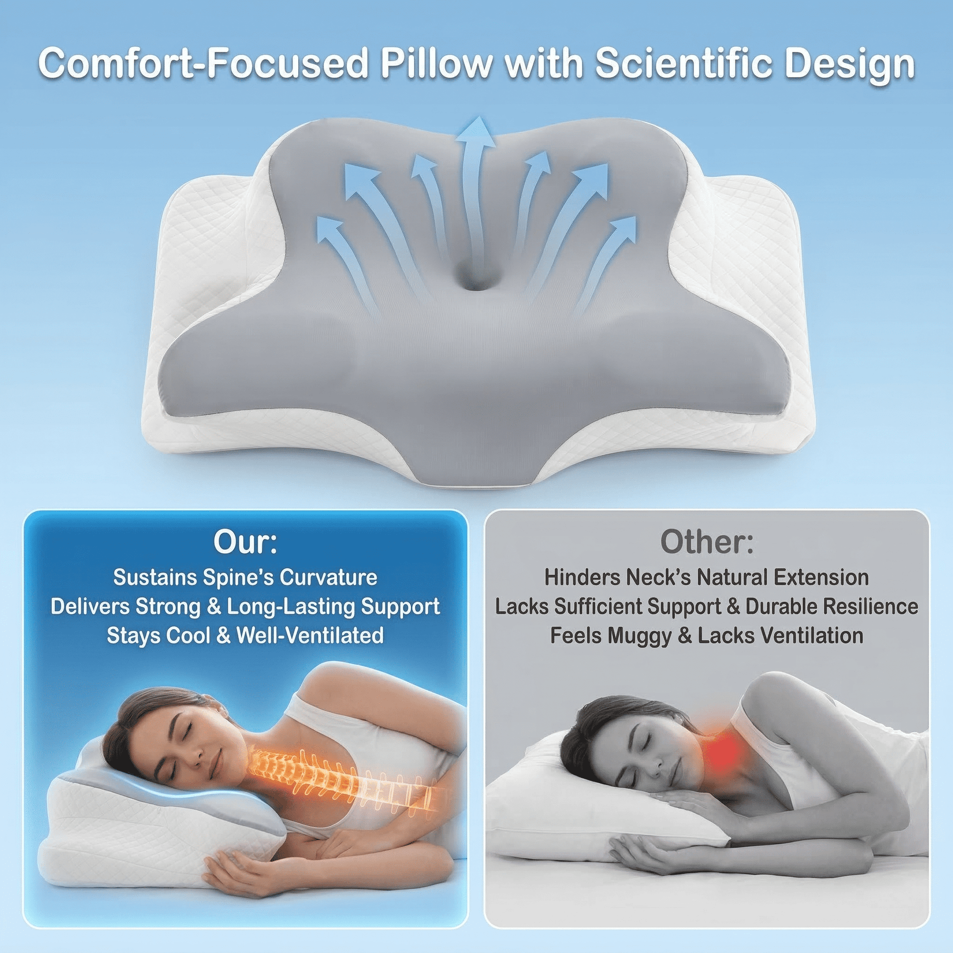 Ergonomic Memory Foam Memory Foam Contour Pillows - Neck Pain Relief, Orthopedic Cervical, Breathable Washable Cover - Orthopedic Shredded Foam Bed Pillow Set Detail
