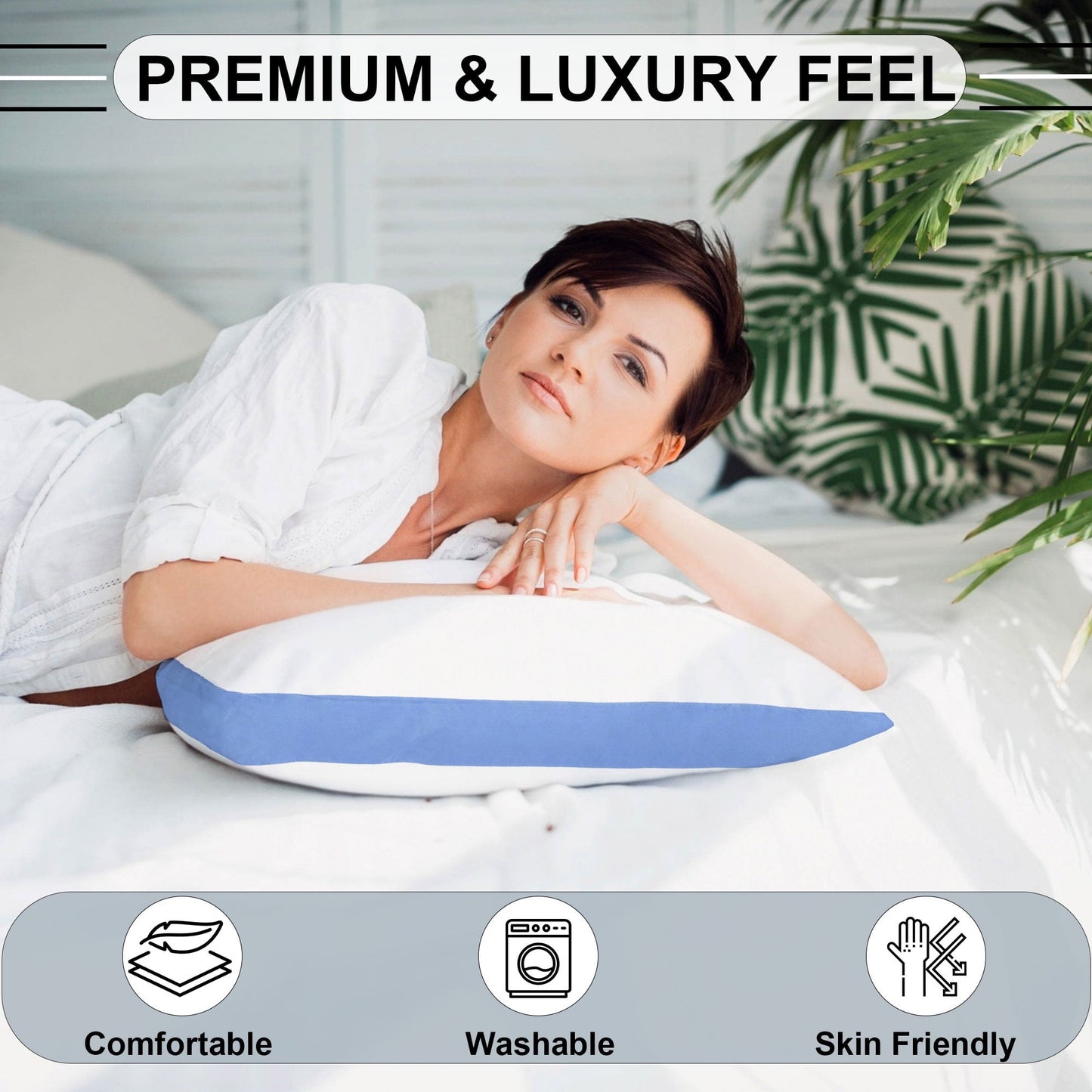 Ergonomic Memory Foam Gusseted Queen 18x26 Bed Pillows for Sleeping Set of 2 Polycotton White Blue Stripe Comfortable - Hotel Quality Plush Sleeping Pillows Detail