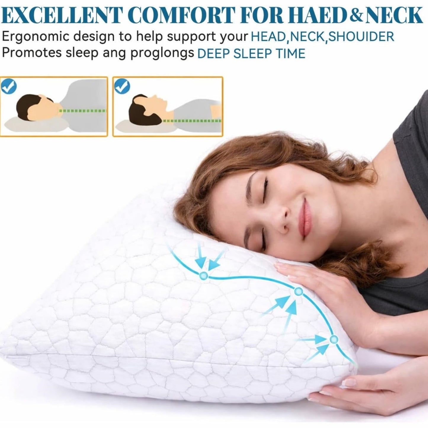 Decorative Plump Shredded Memory Foam Pillows for Sleeping, Bed Pillows Queen Size Set of 2 Pack Adjustable for Side and Back Sleeper ... - Orthopedic Shredded Foam Bed Pillow Set Detail